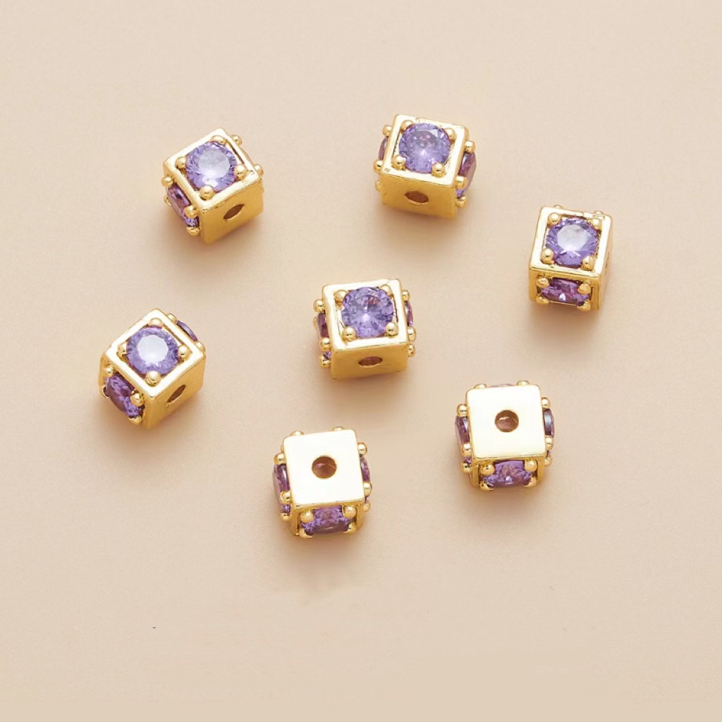 8*8*6mm Zircon Inlaid 14k Gold Plated Cube Spacer Bead Jewelry Charm 