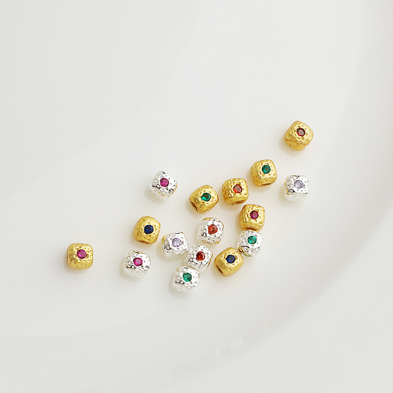 Gold Plated Pitted Cube Spacer Bead Inlaid with Colored Zircon