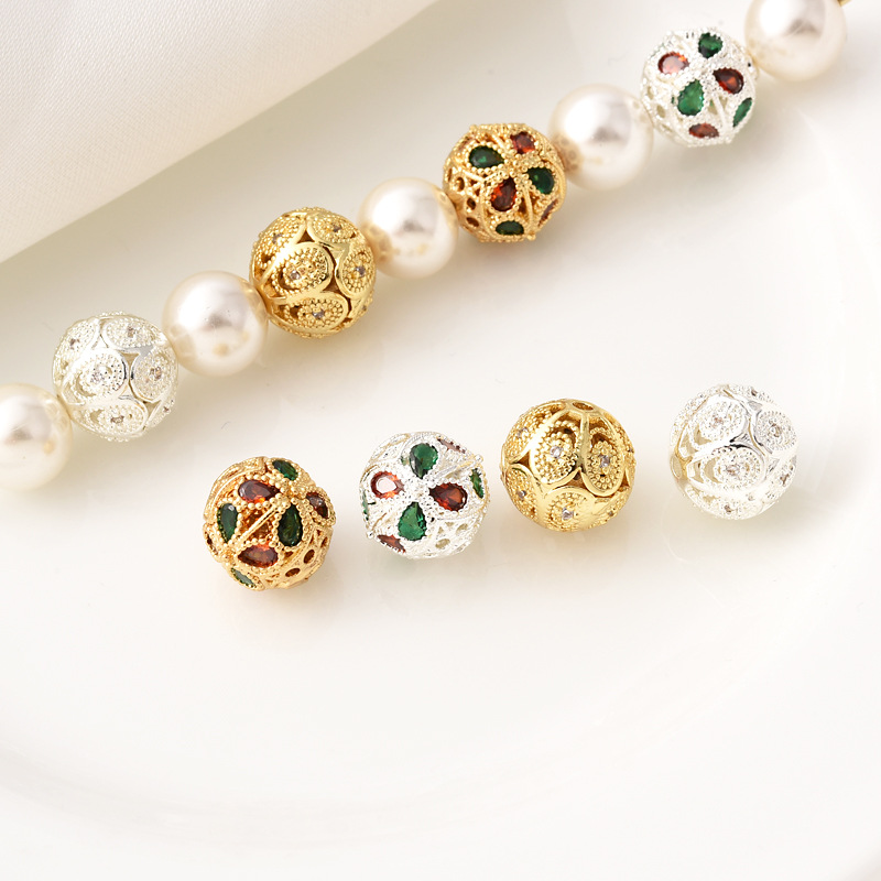 9mm Zircon Inlaid Gold Plated Silver Plated Hollow Ball Bead 