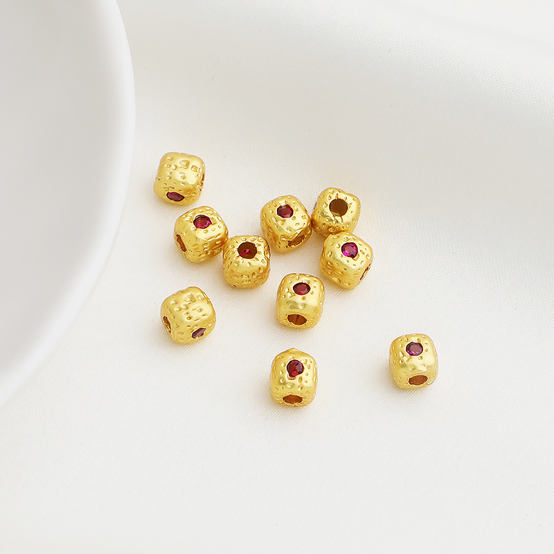 Gold Plated Pitted Cube Spacer Bead Inlaid with Colored Zircon