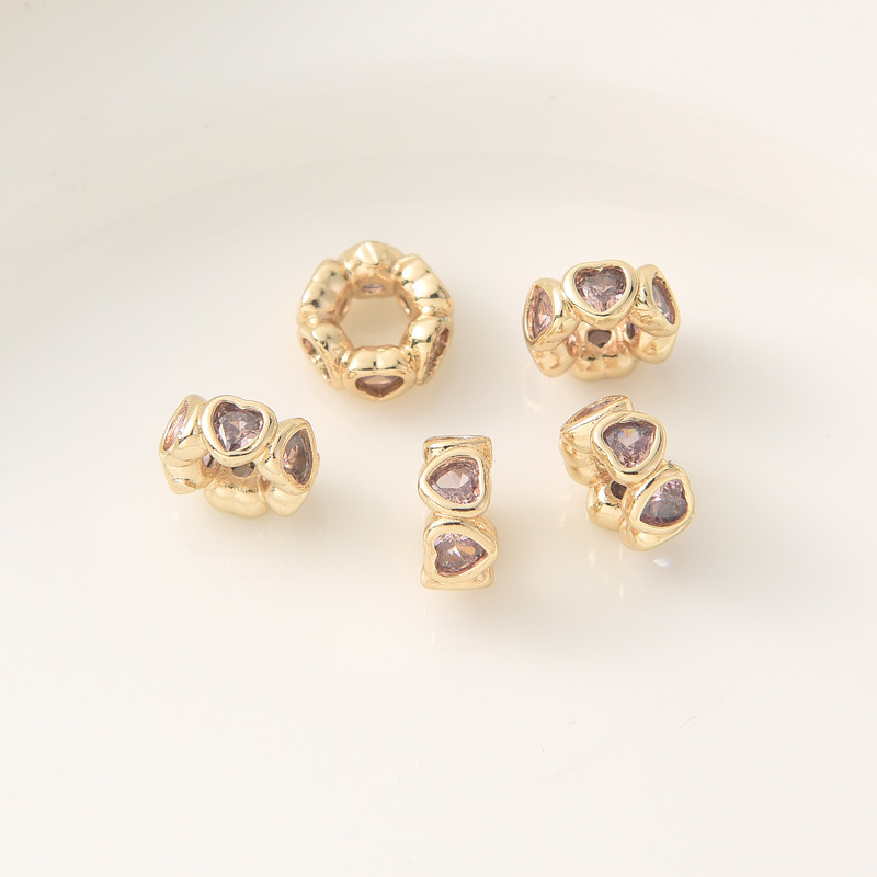 Zircon Inlaid 14k Gold Plated Heart Ring Wheel Bead Spacer Bead