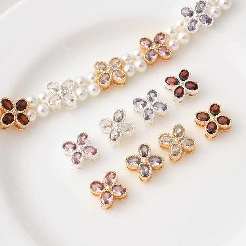 9mm Colored Zircon Inlaid Four-Leaf Double Row Spacer Bead