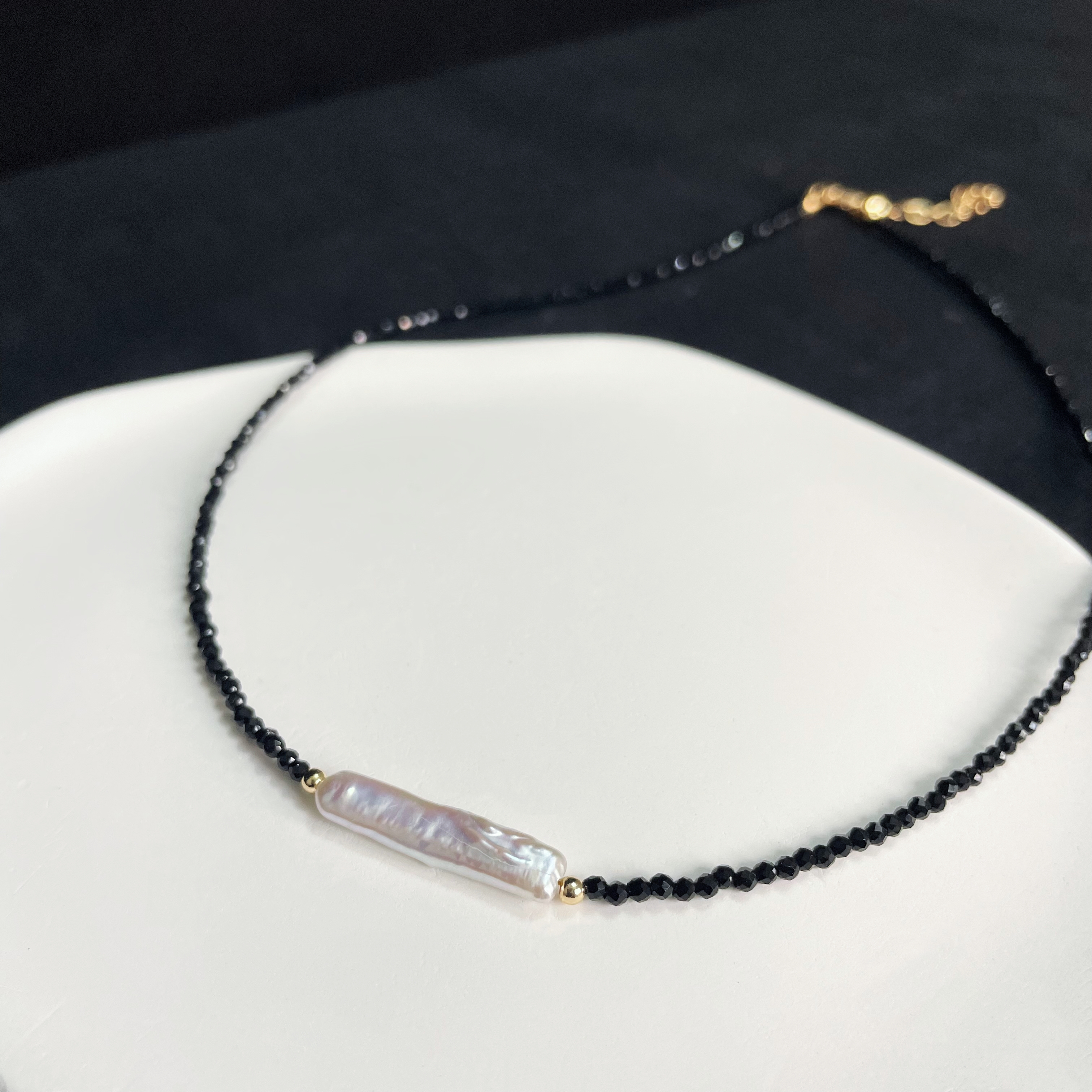 Black Spinel Necklace with Baroque Pearl Bar