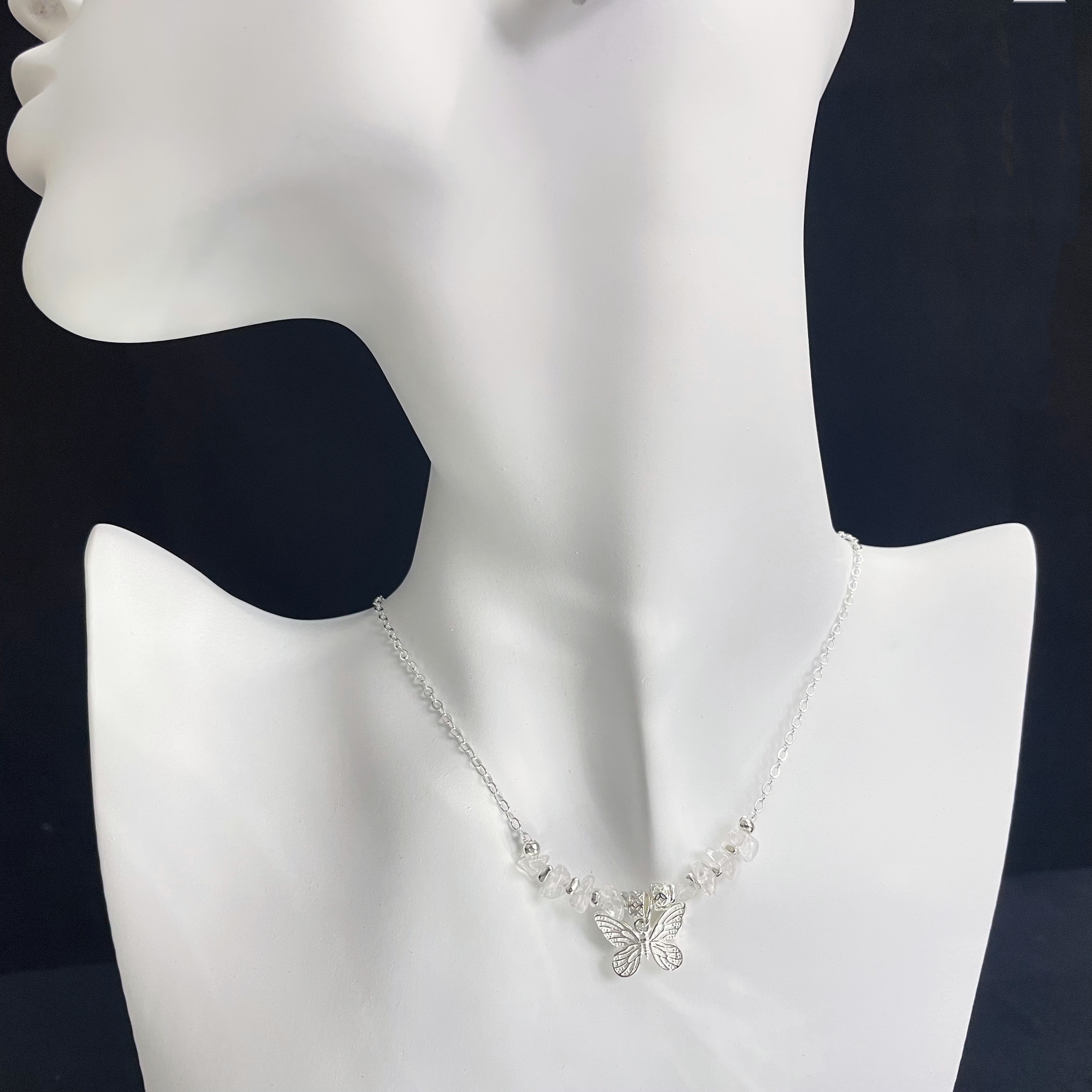 Silver Butterfly Necklace Clear Quartz Necklace