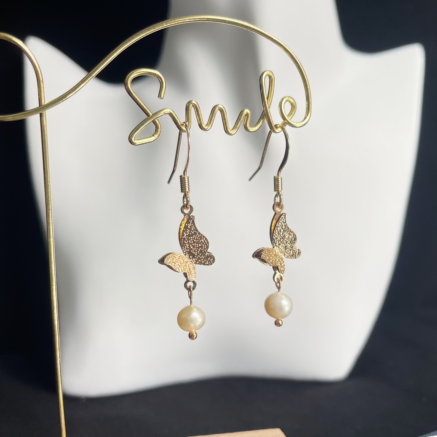 Gold Butterfly and Freshwater Pearl Earrings