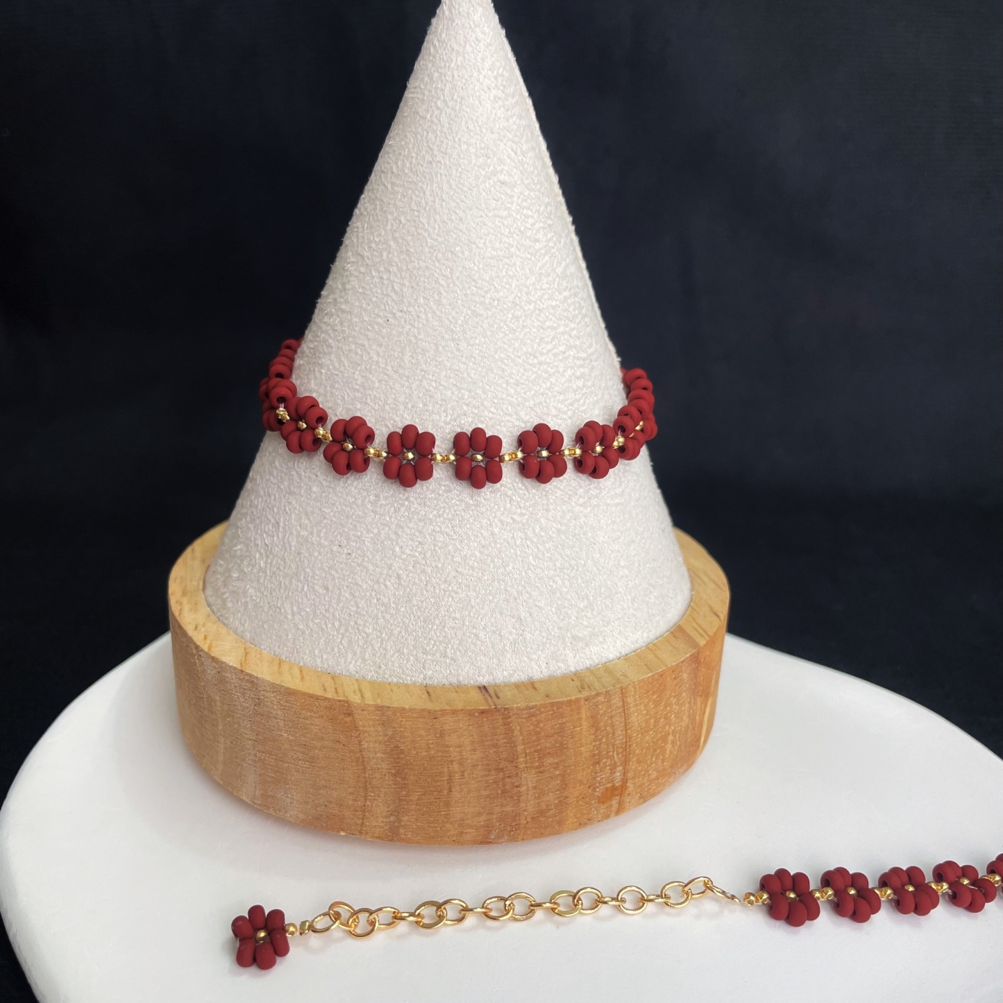 Red Velvety Beads Flowers Bracelet