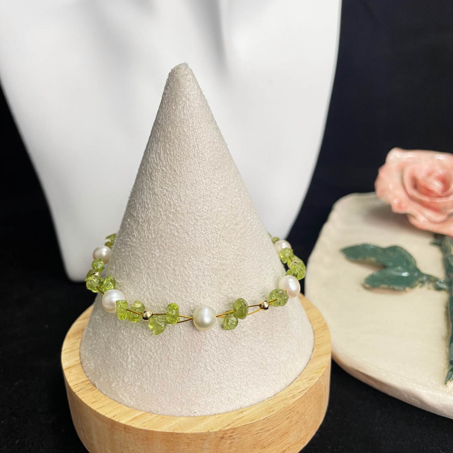 Woven Peridot Raw Stones and Freshwater Pearls Bracelet Spring Breeze