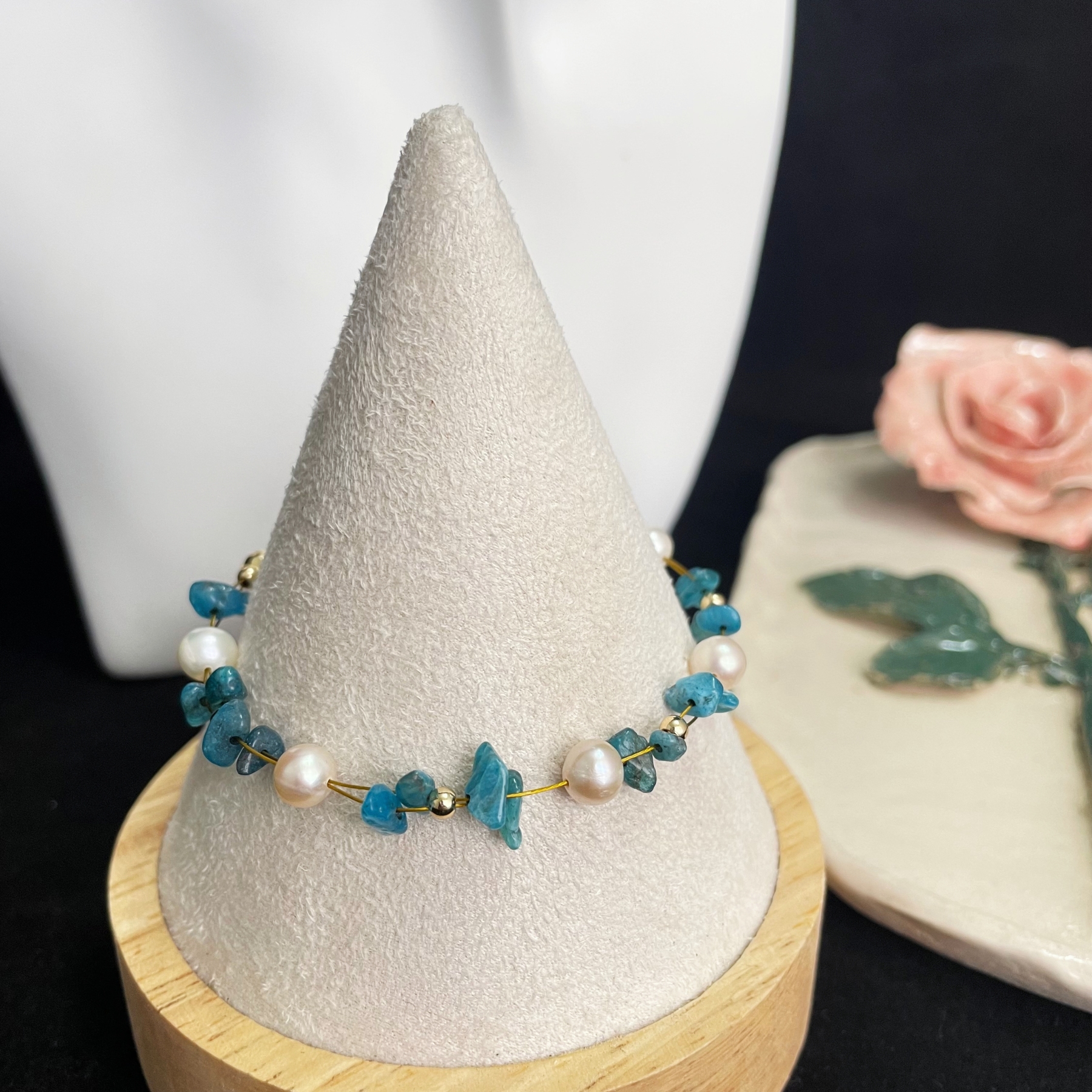  Woven Blue Apatite Raw Stone and Pearls Bracelet