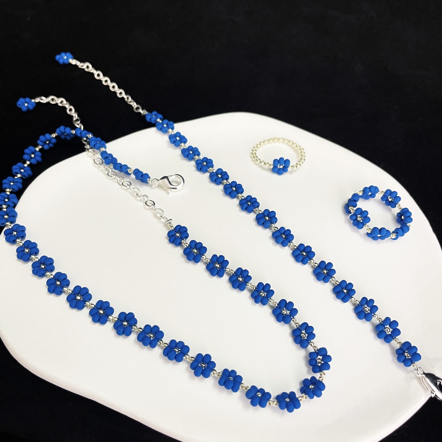 Royal Blue Velvet Bead Flowers Choker