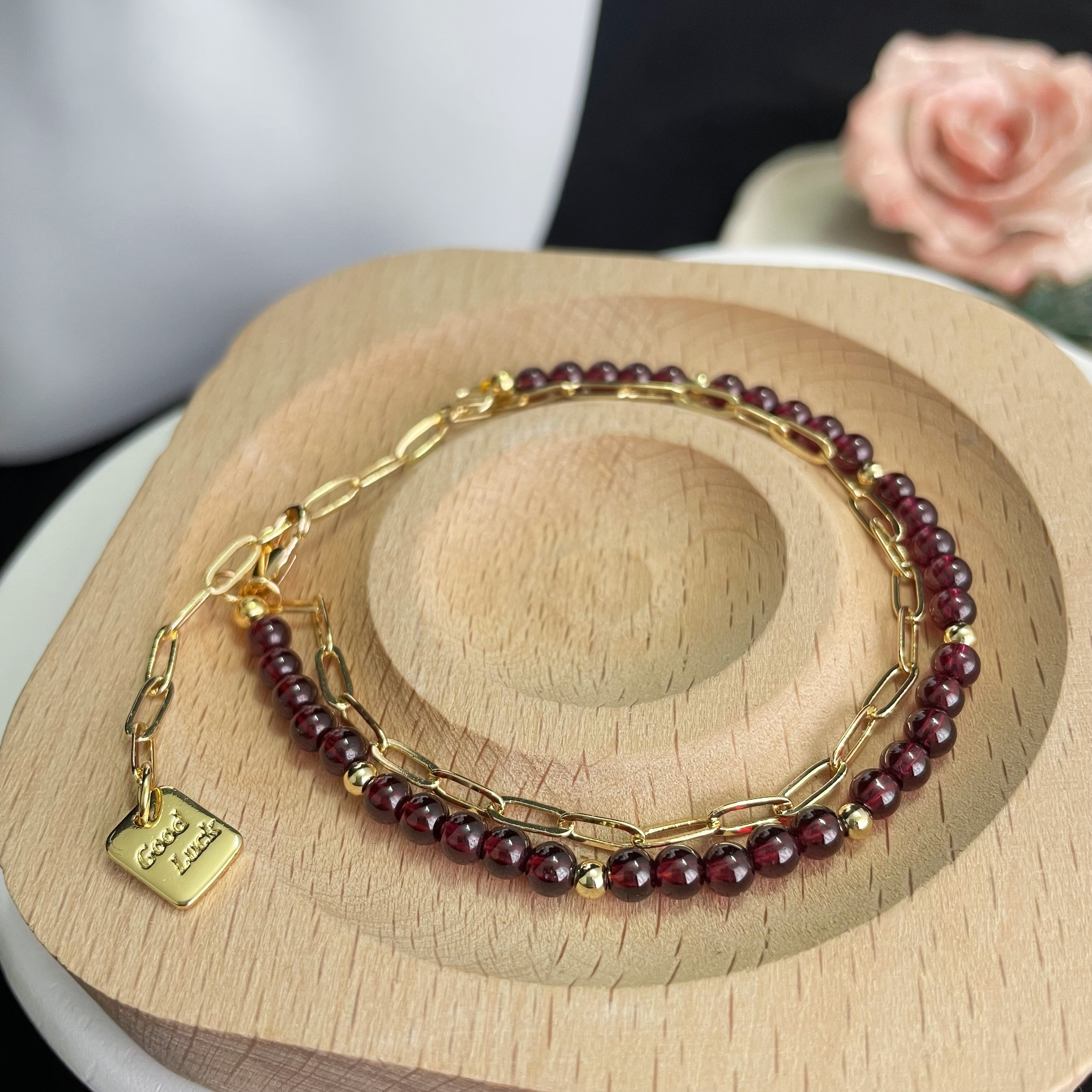 Dual-Layered Garnet and Rectangle Chain Bracelet