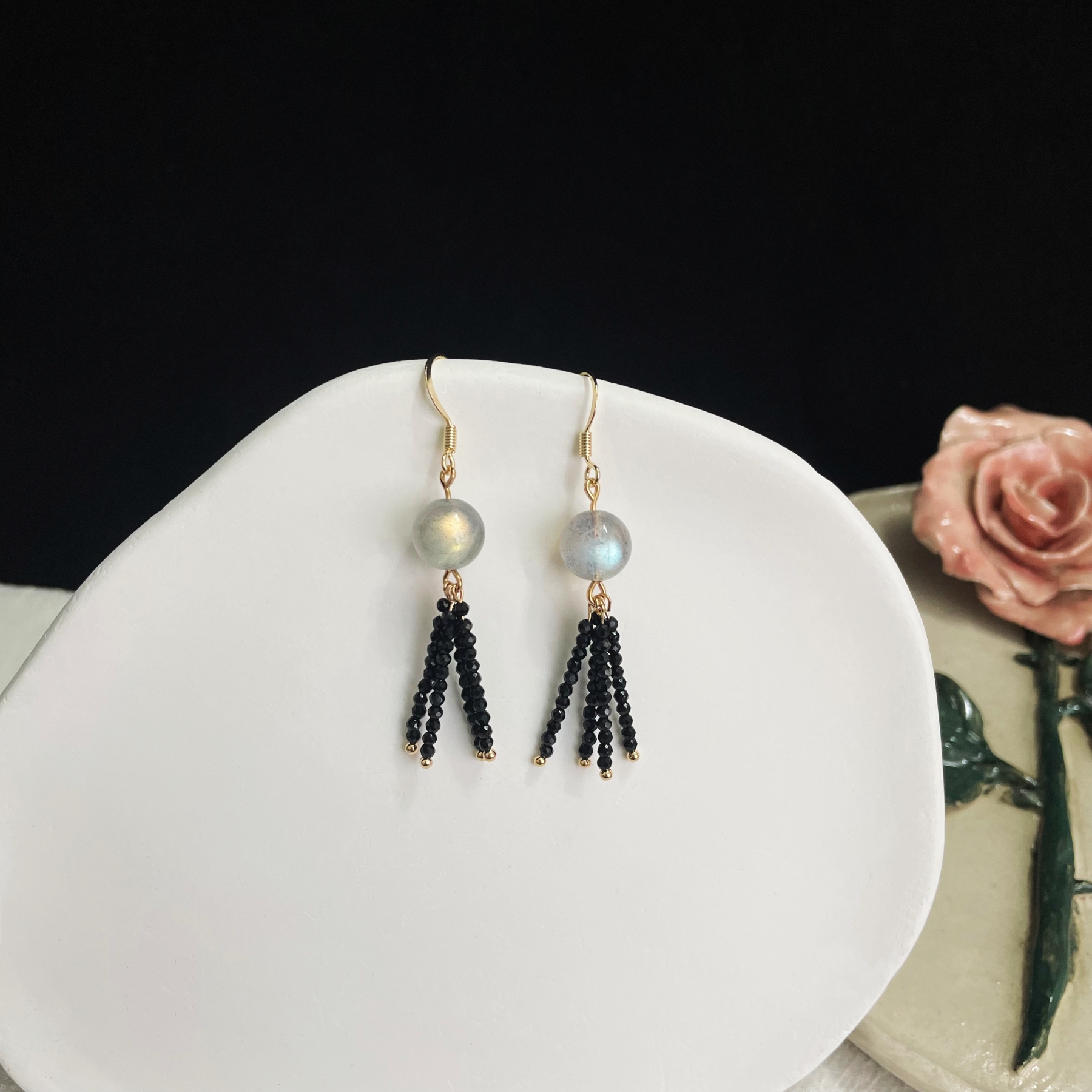 Radiant Labradorite Earrings with Black Spinel Tassels