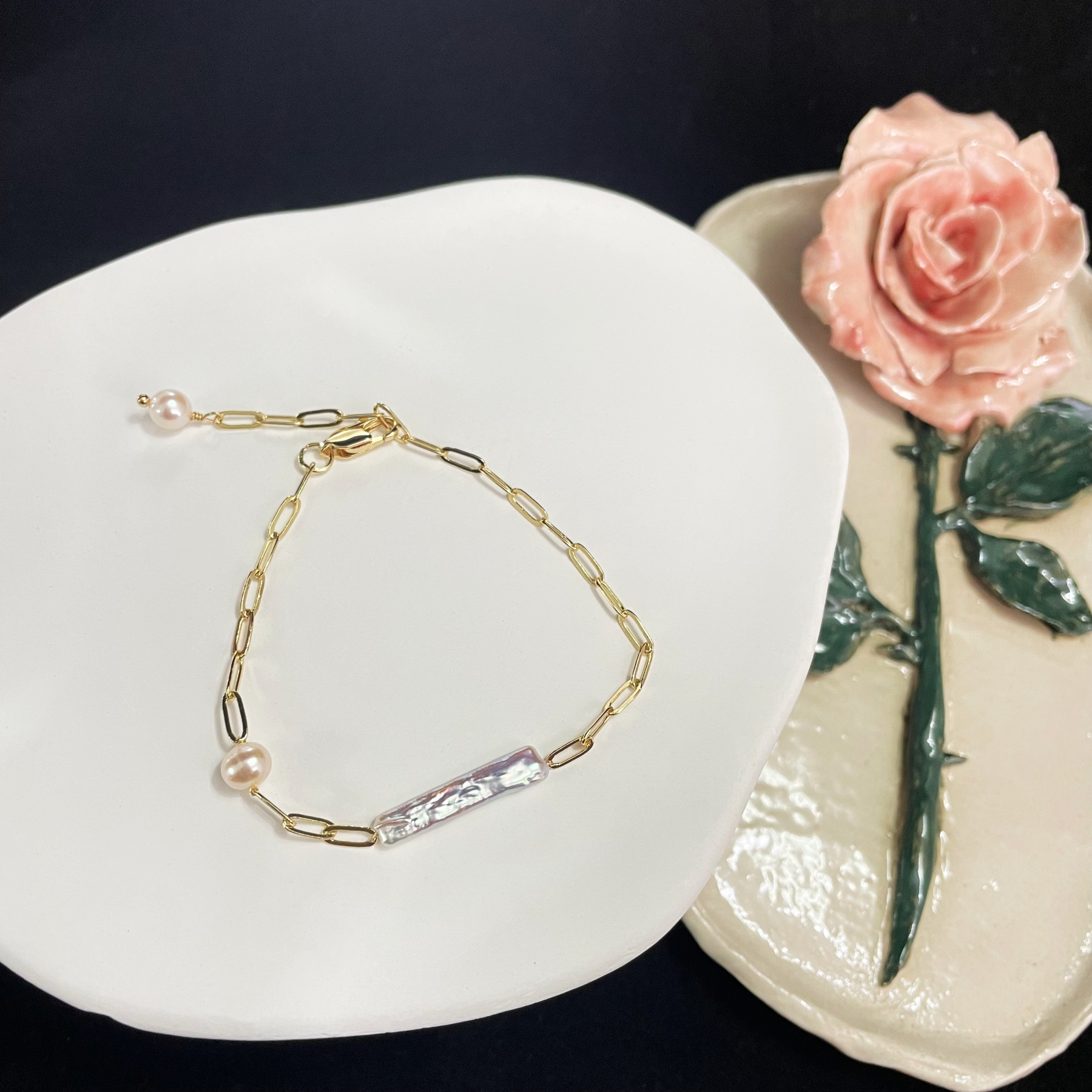 Baroque Pearl Bar Square Chain Bracelet