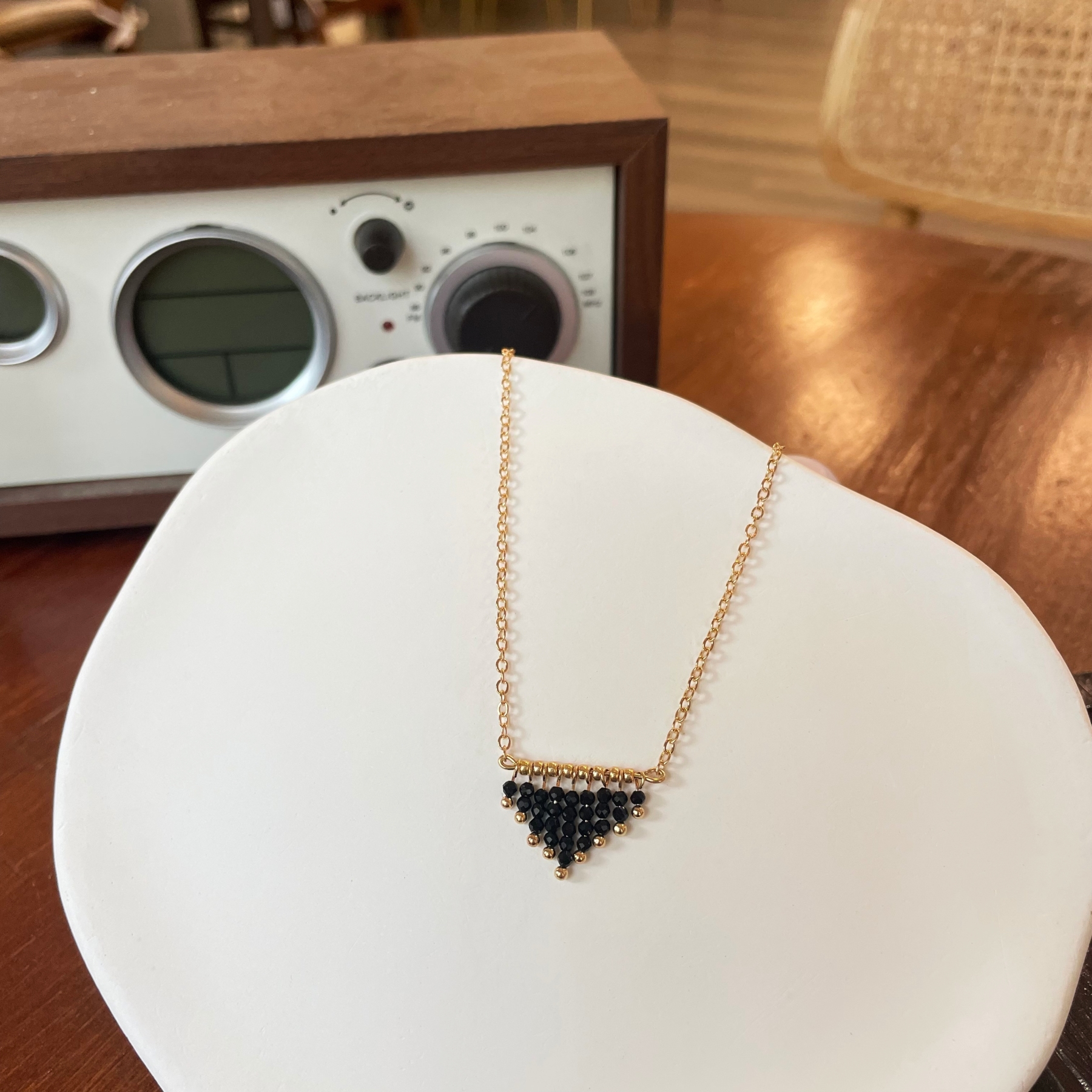 Black Spinel Triangle Tassel Necklace