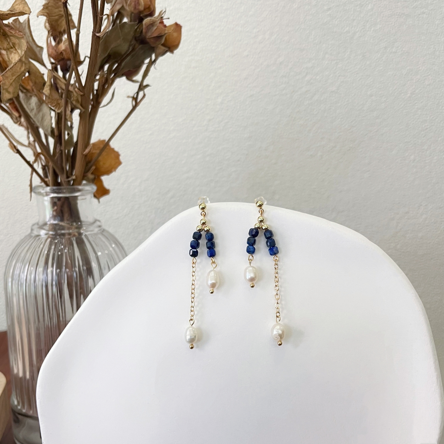 Lapis Lazuli and Freshwater Pearl asymmetric Drop Earrings