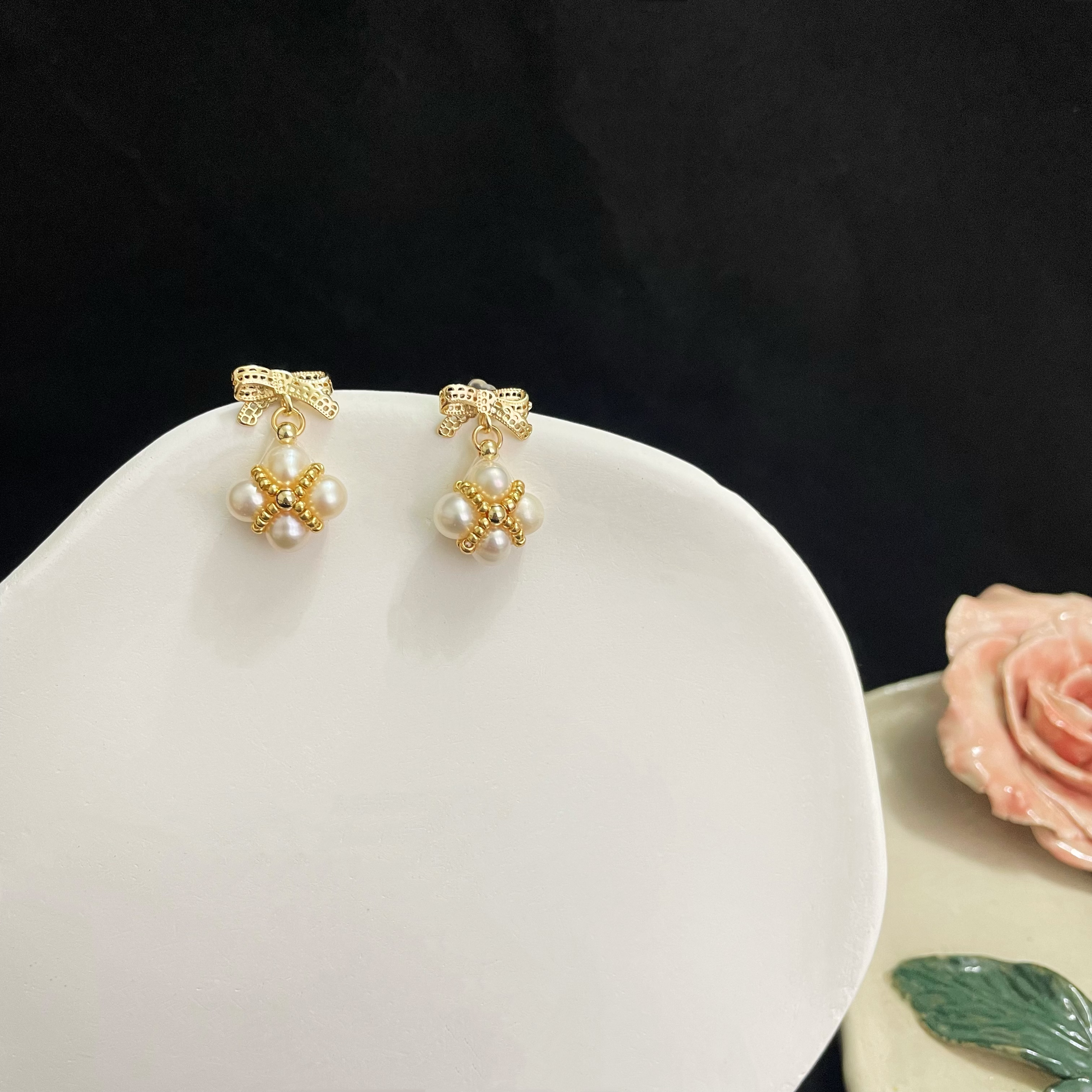Bow Ear Studs with Freshwater Pearl Four-Leaf Clover Dangles