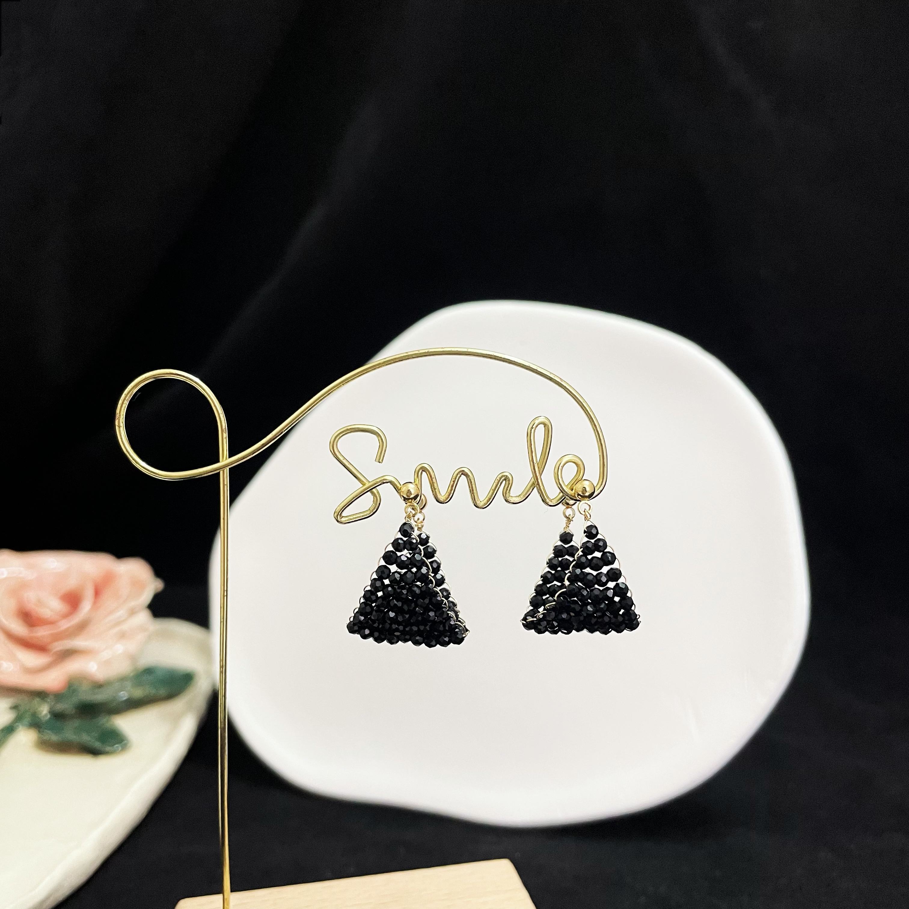 Woven Black Spinel Earrings Black Boat in the Milky Way