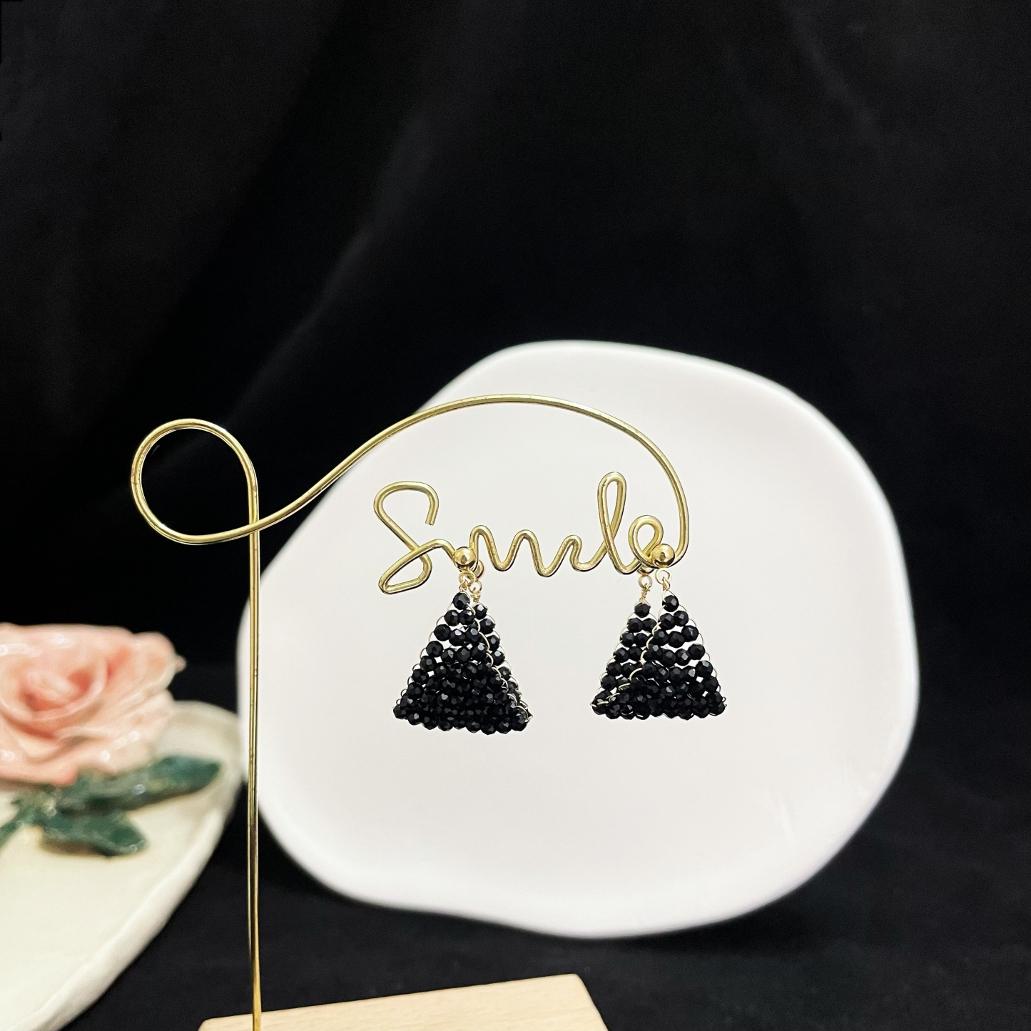 Woven Black Spinel Earrings Black Boat in the Milky Way