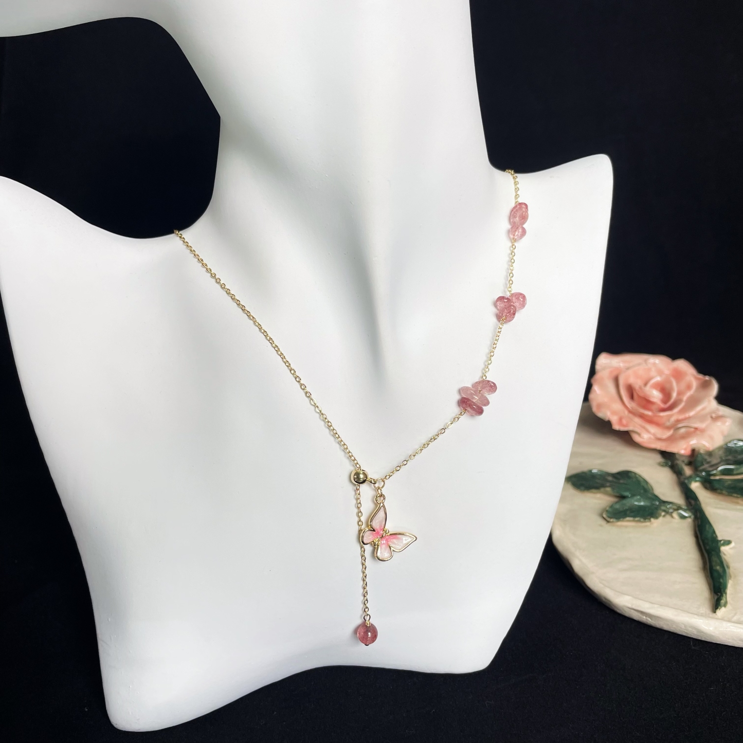 Pink Butterfly Strawberry Quartz Necklace