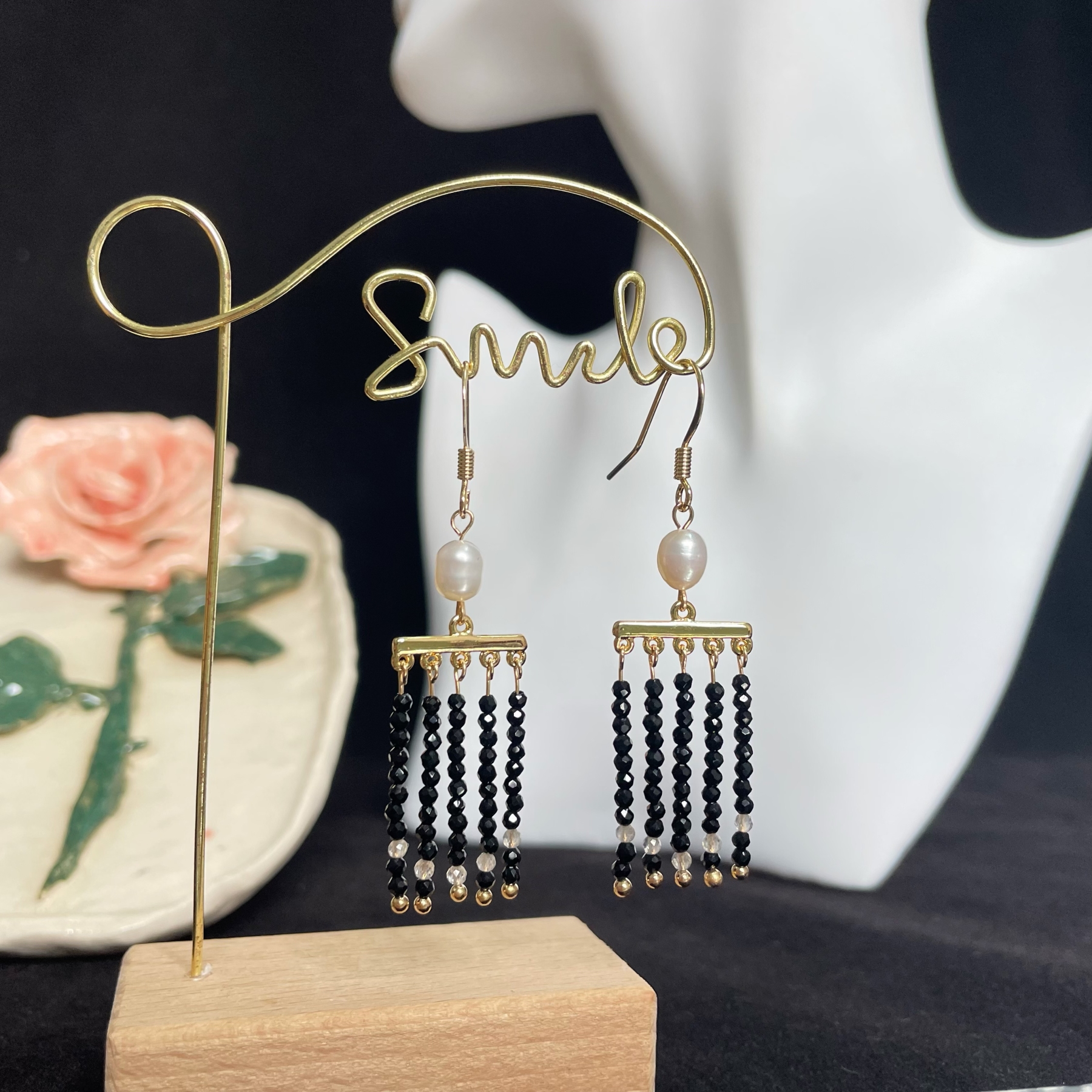 Midnight Elf Tassel Earrings with Black Spinel and Labradorite