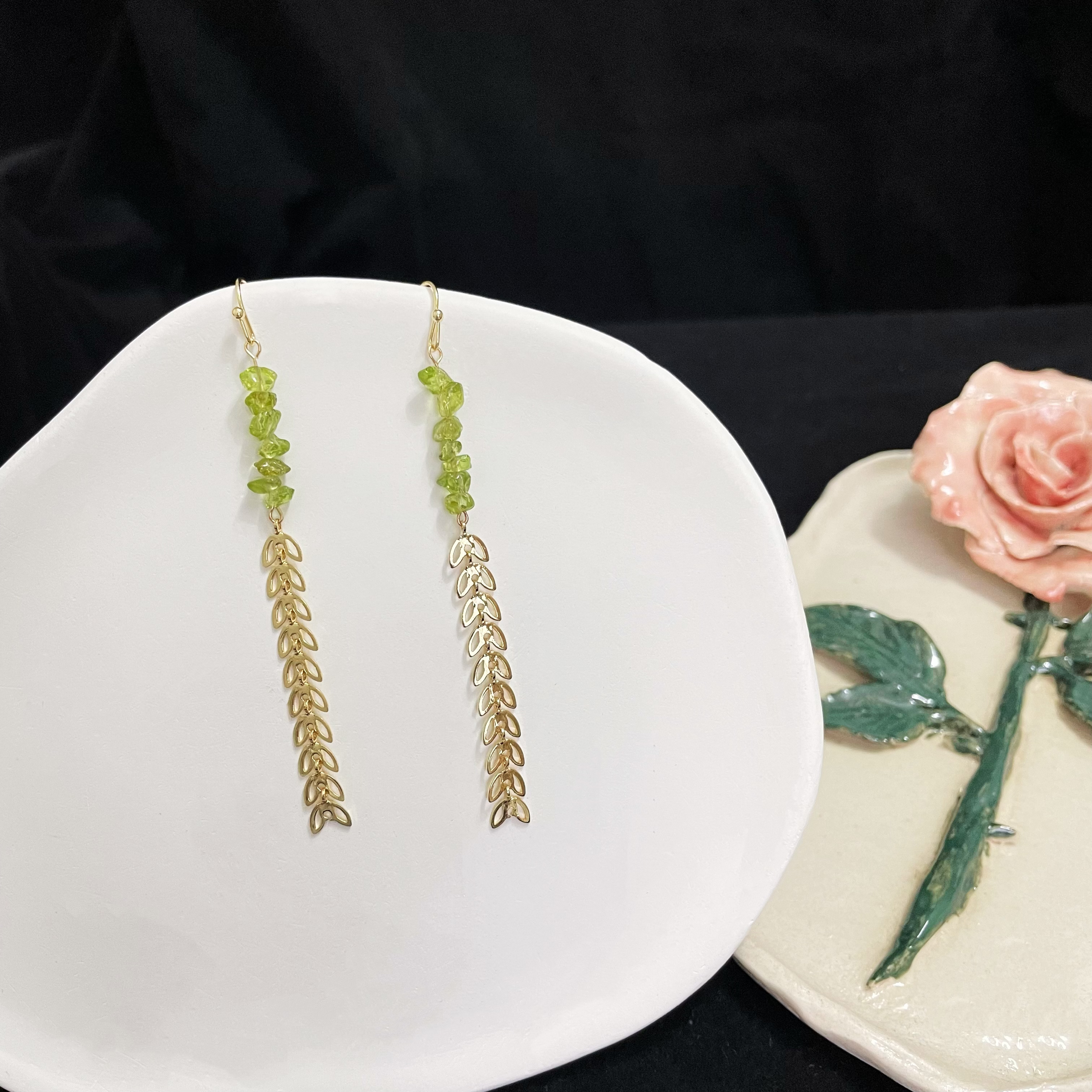 Peridot Raw Stone Olive branch Earrings