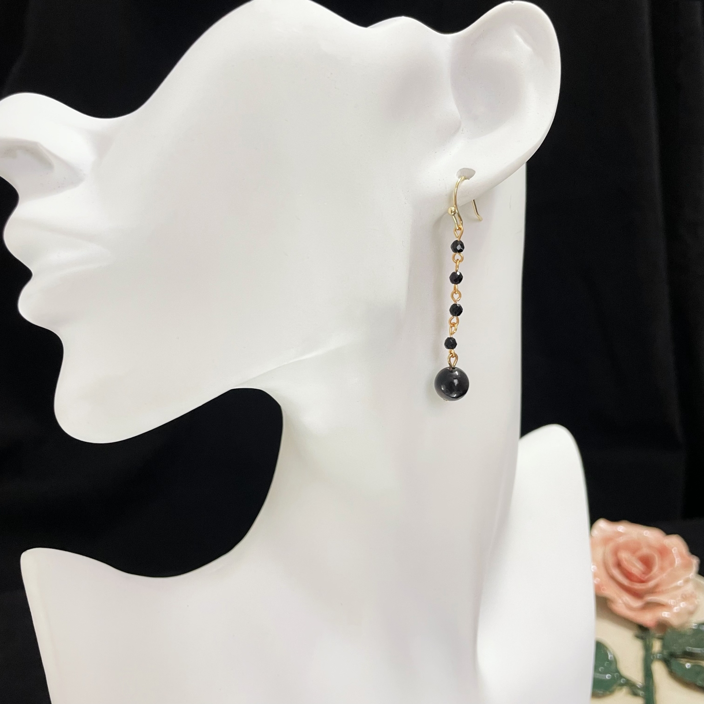 Elegant Black Spinel Chain Earrings with Silver Obsidian