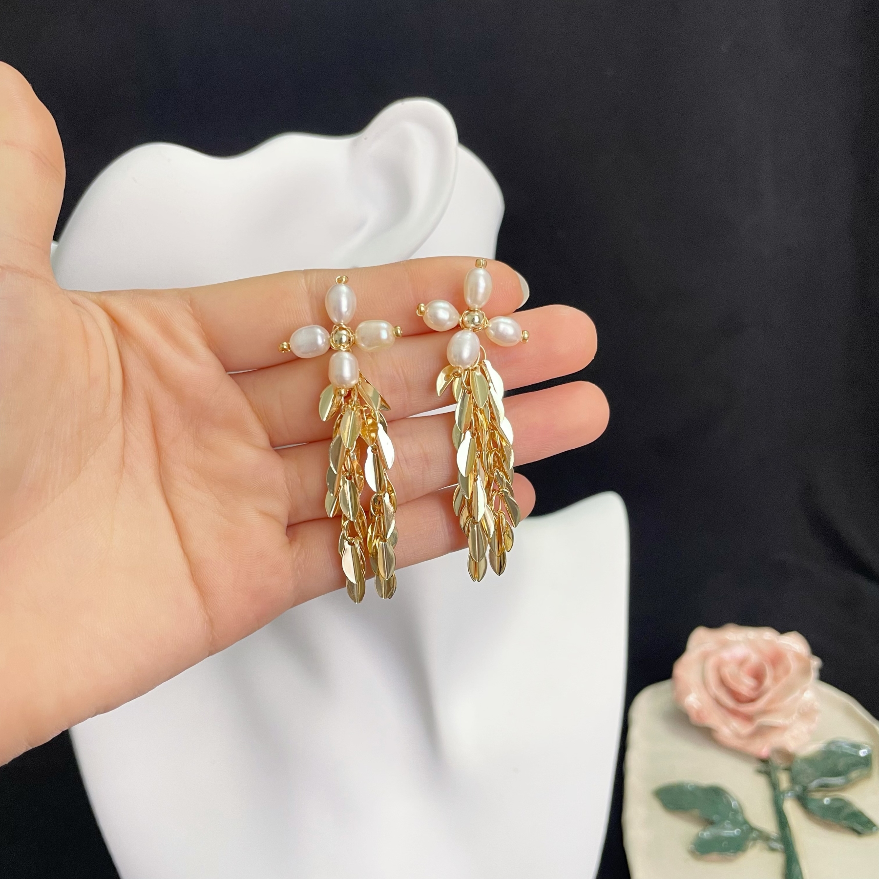 Four-Petaled Pearl Flower with Golden Leaves Tassels Earrings