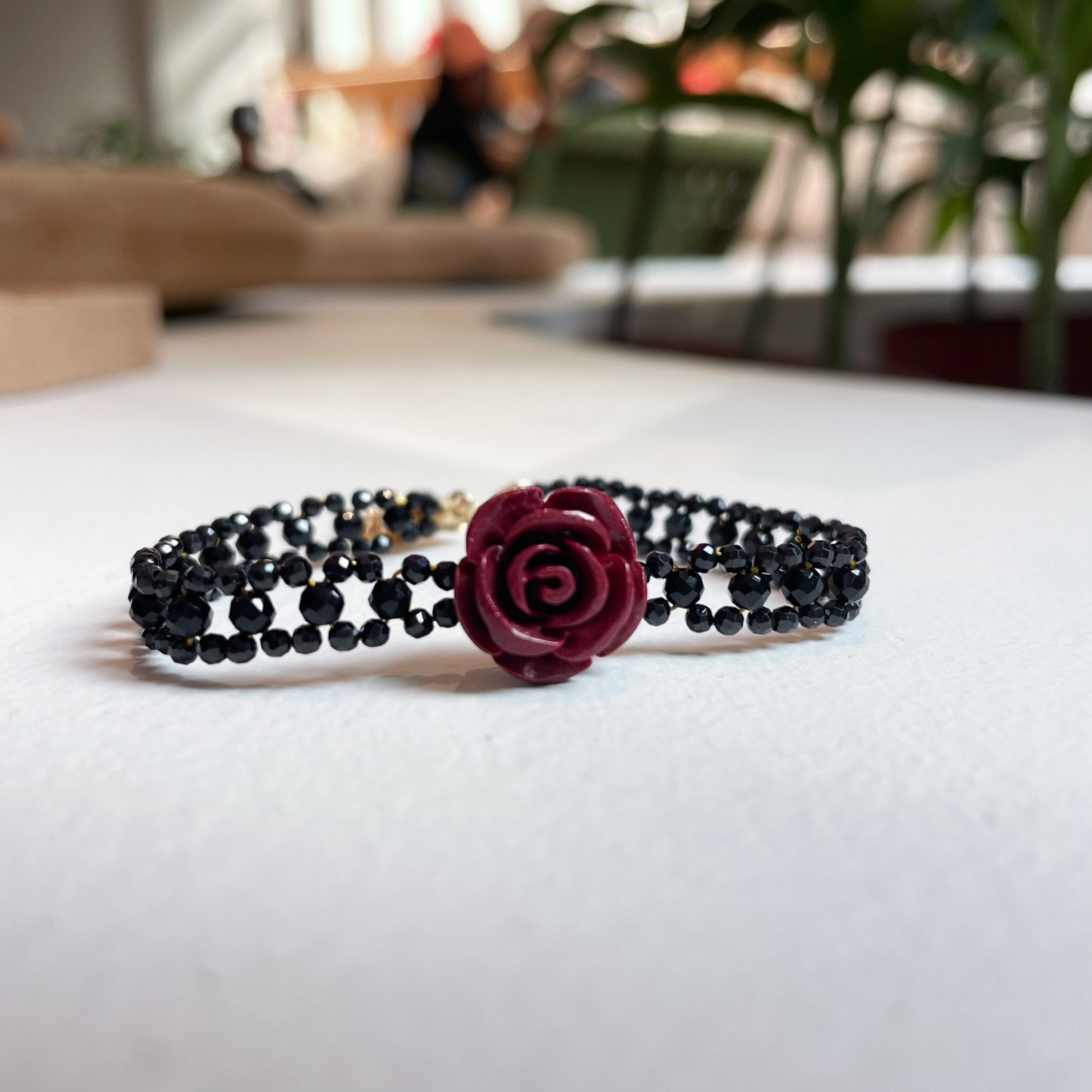 Woven Black Spinels Lace with Vermilion Stone Carved Rose Bracelet