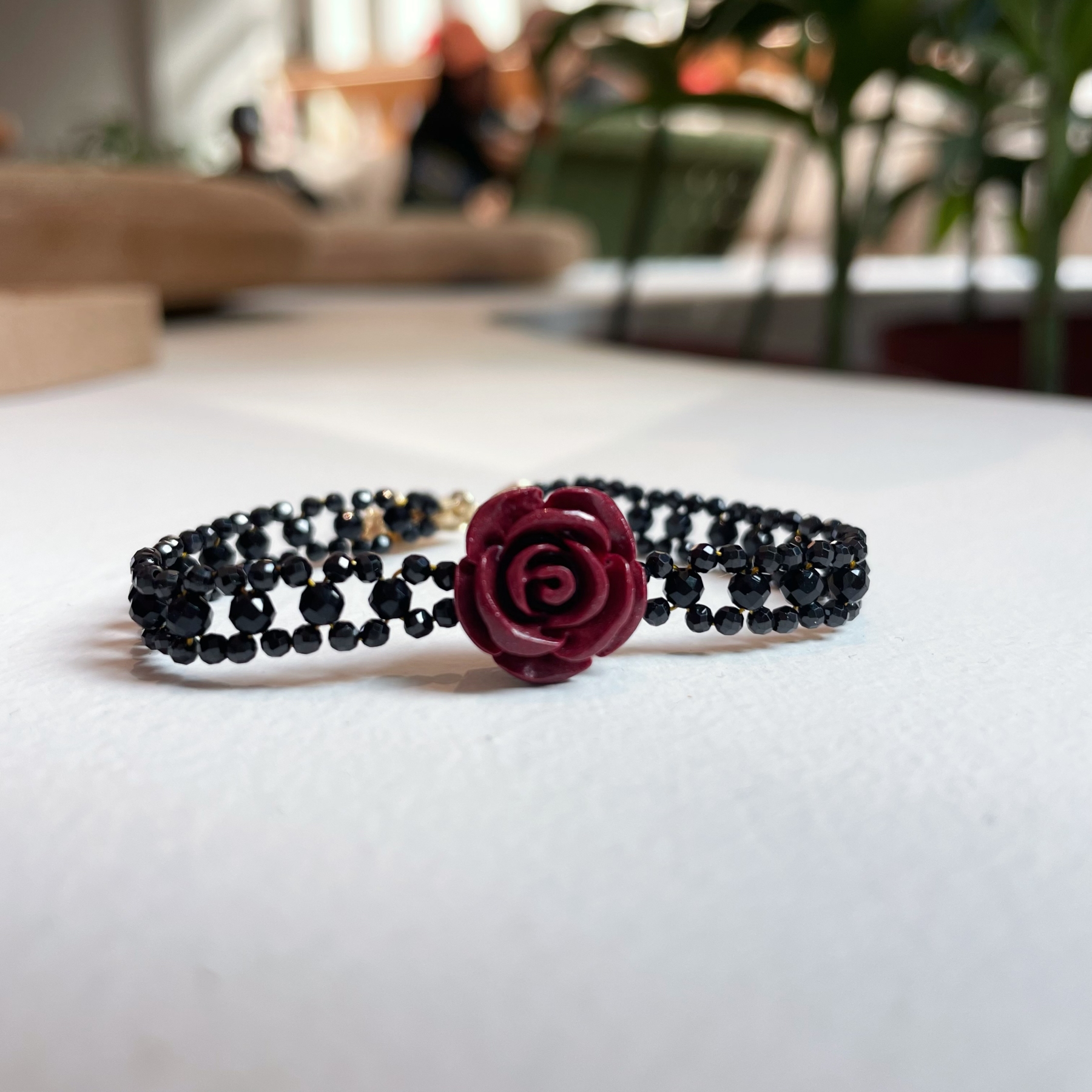 Woven Black Spinels Lace with Vermilion Stone Carved Rose Bracelet
