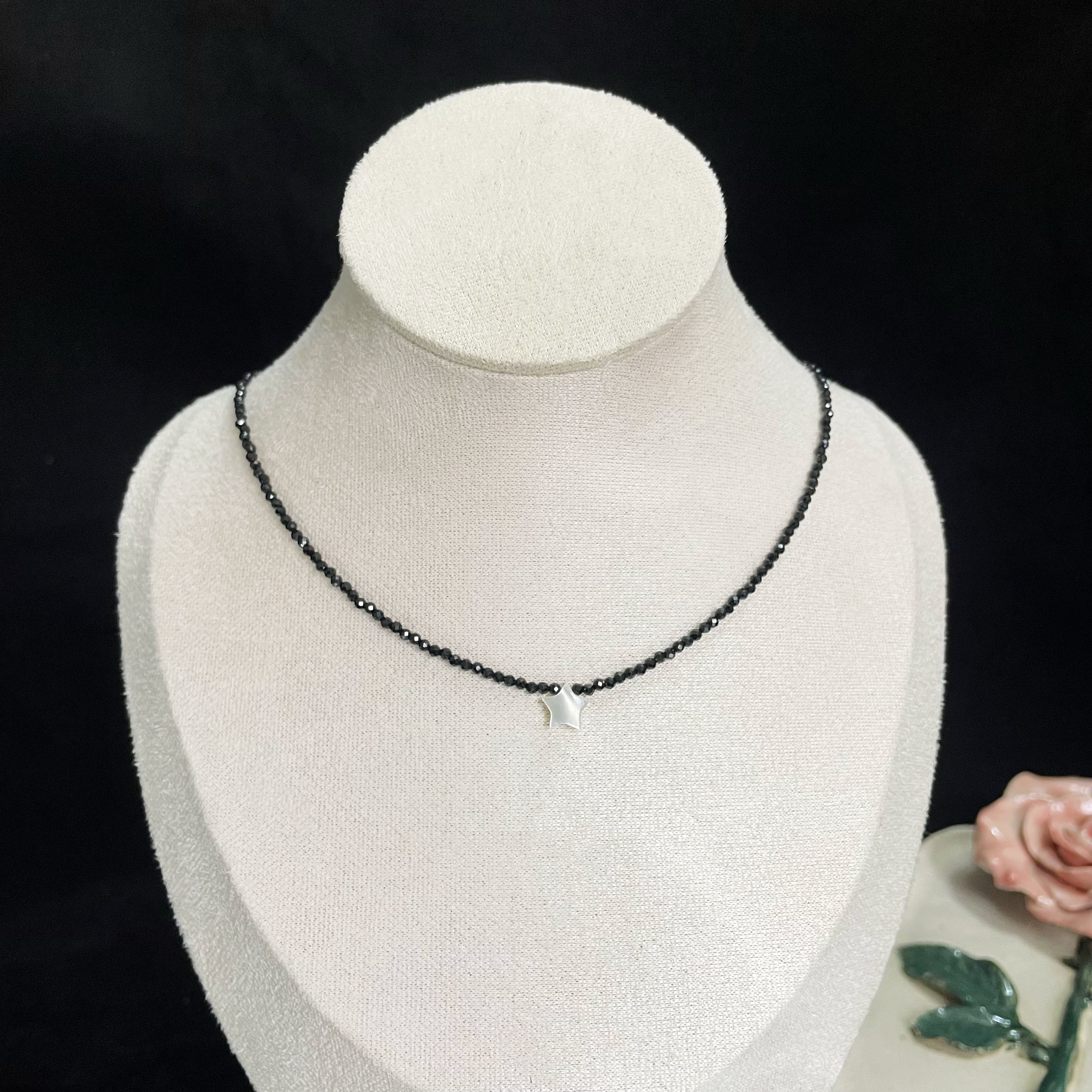 Black Spinel Mini Faceted Beads with Shell Star Necklace