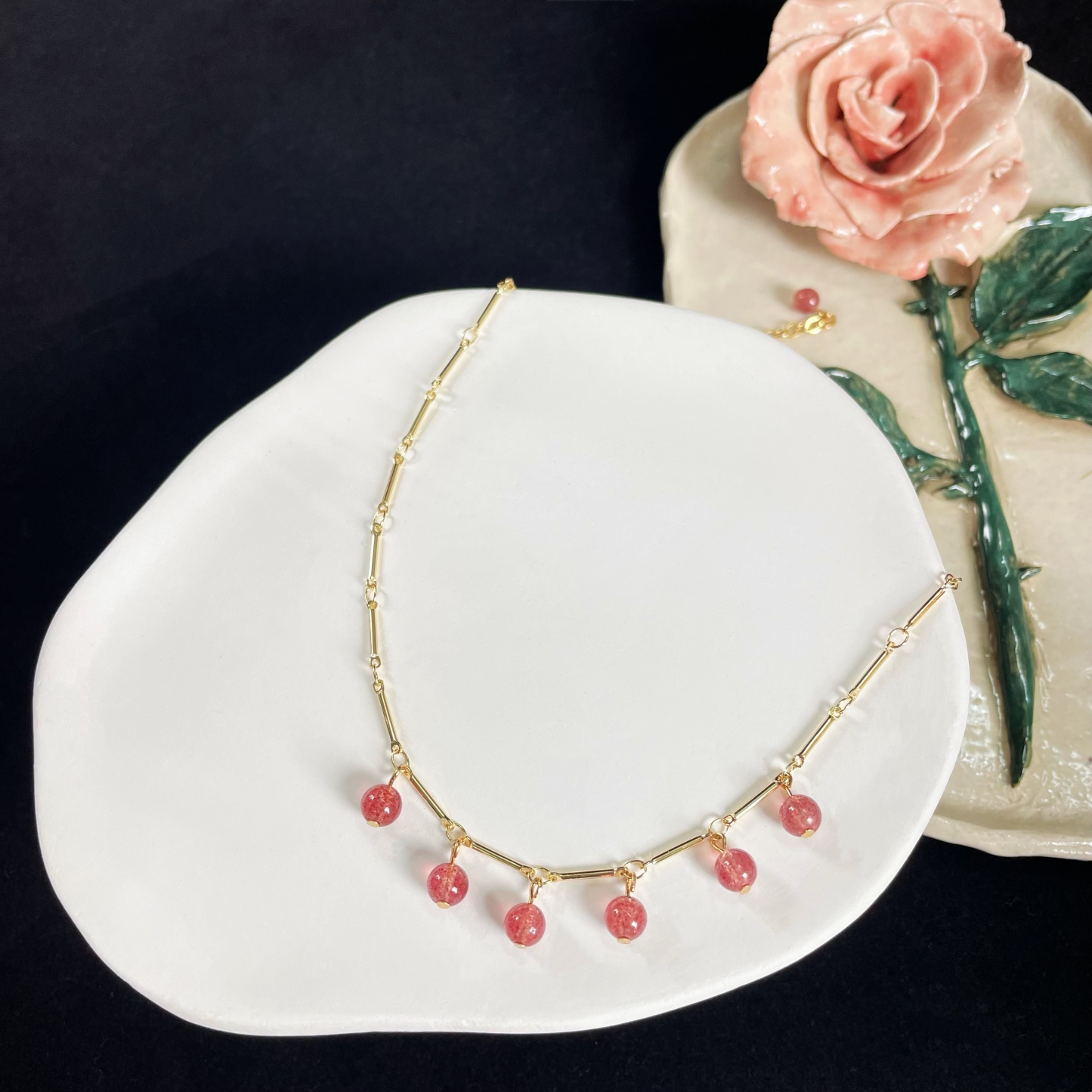 Bamboo Chain Hanging with Six Strawberry Quartz Round Beads Necklace