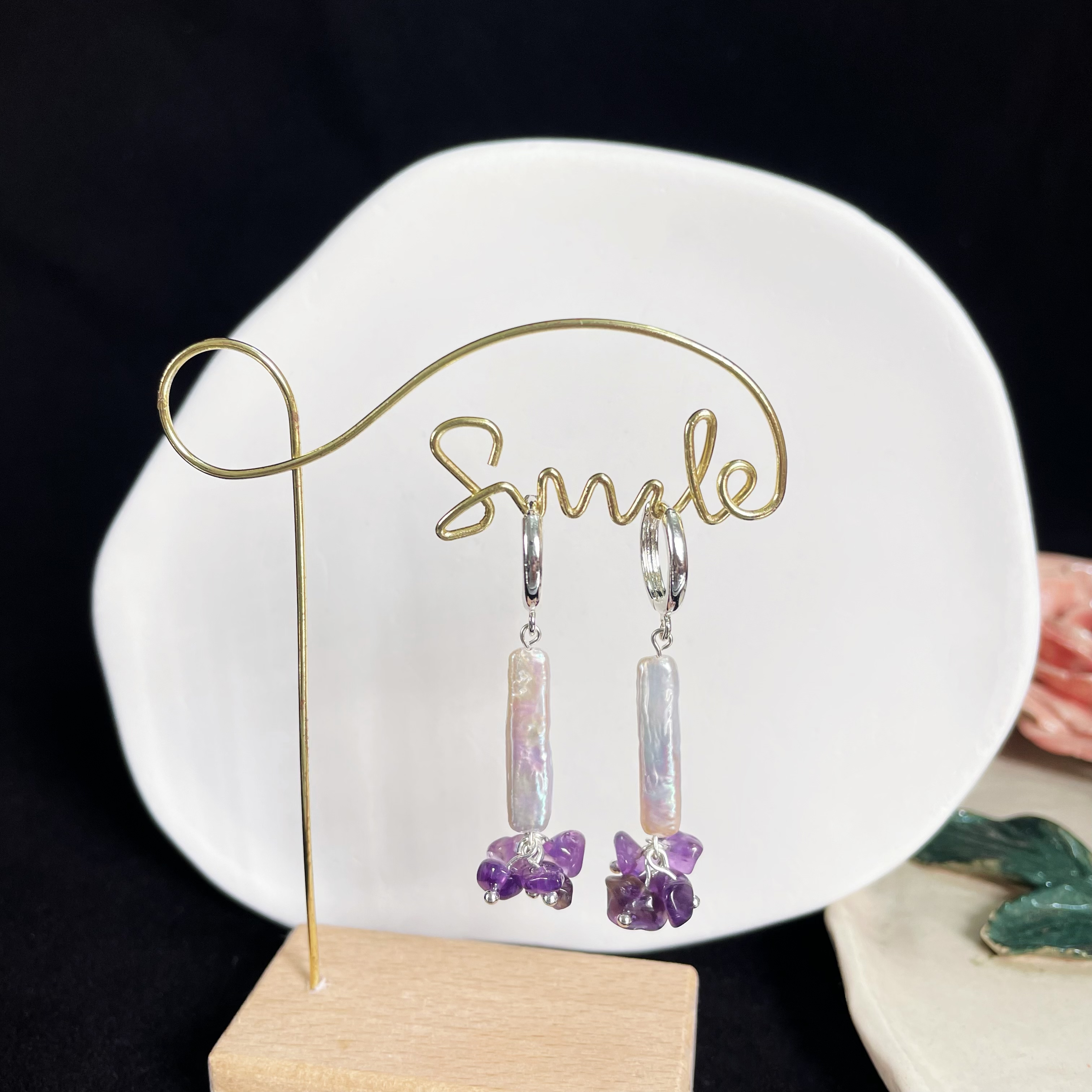 Amethyst Raw Stone Flower with Baroque Pearl Earrings