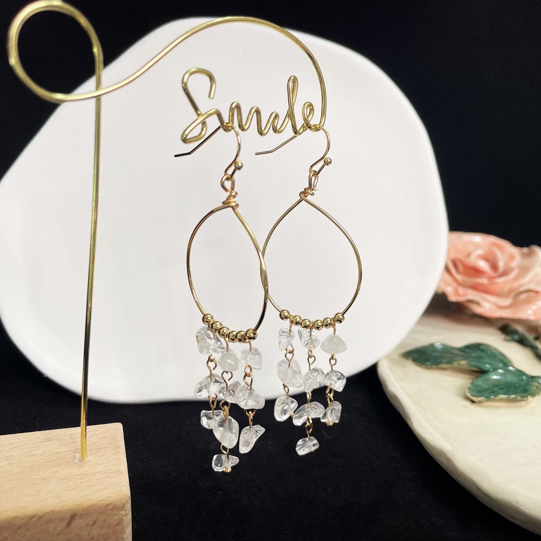 Raindrop Circle Clear Quartz Tassel Earrings