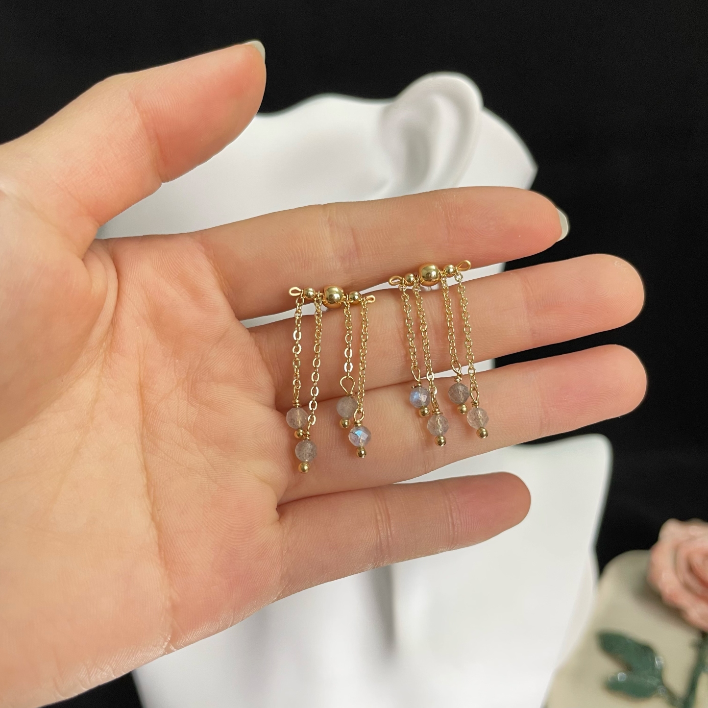 Cross-Bar with Labradorite Chain Tassels Earrings