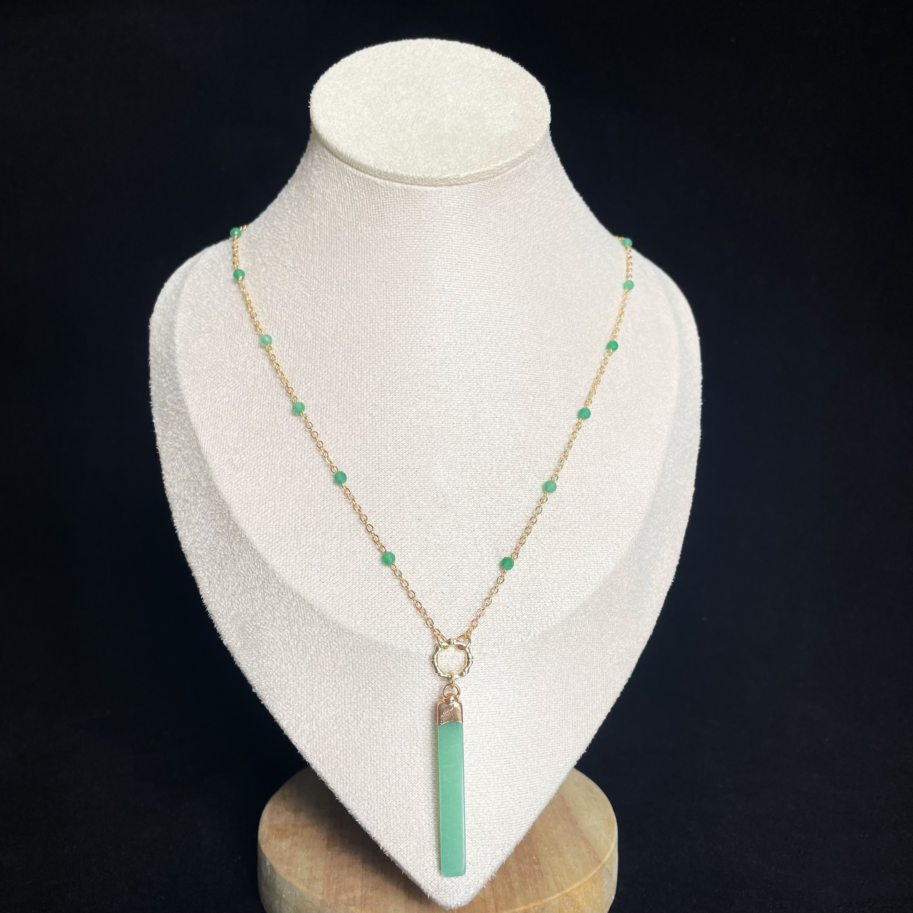 Aventurine Beads Chain Necklace with Long Rectangular Strip Pendant