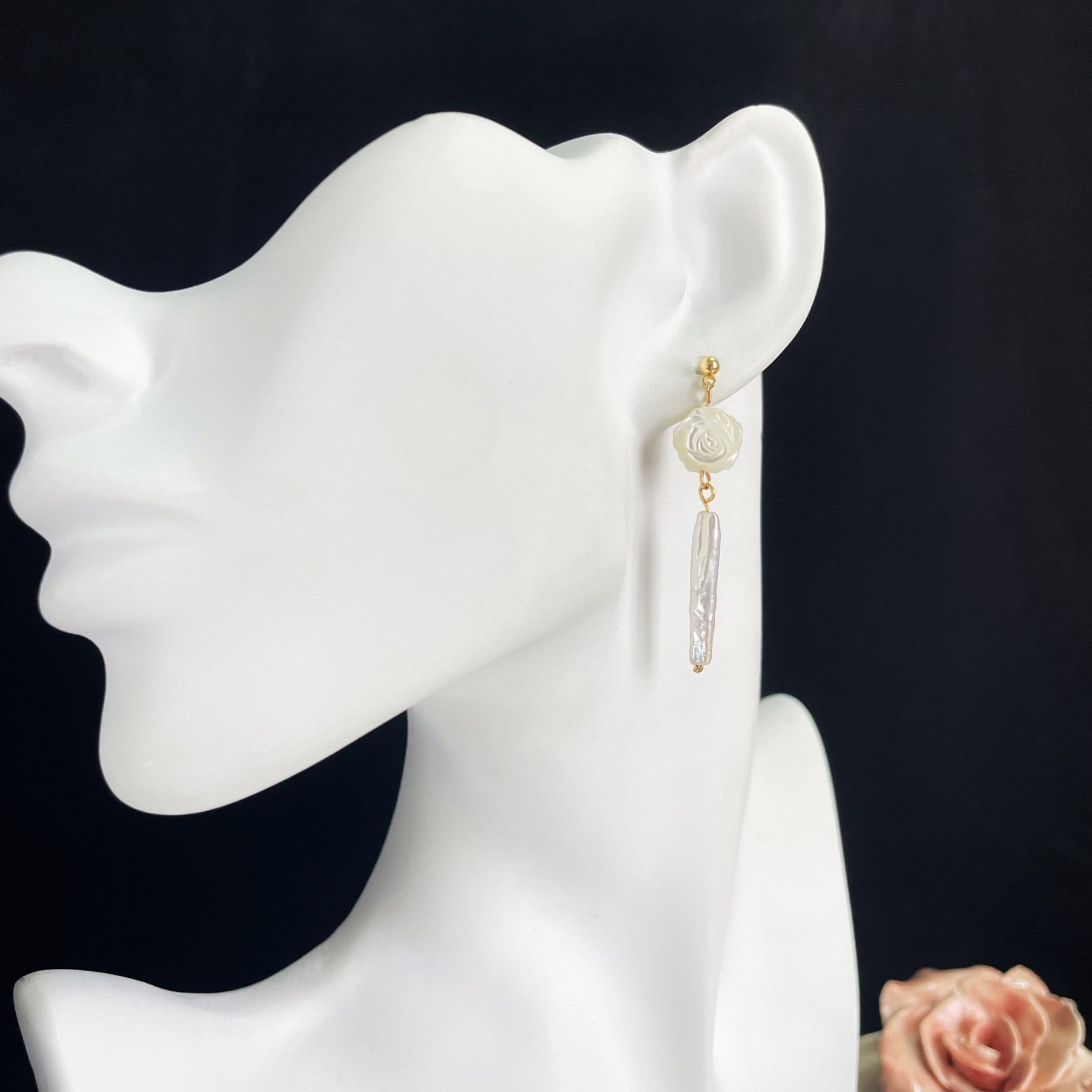 White Rose Earrings with Baroque Freshwater Pearl Branch