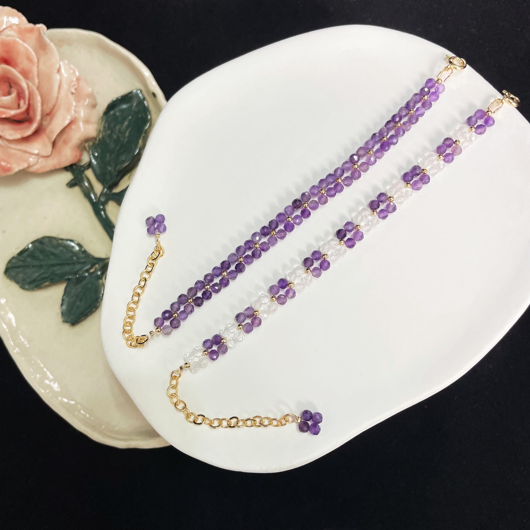 Double-Layer Woven Amethyst and Clear Quartz Faced Beads Bracelet