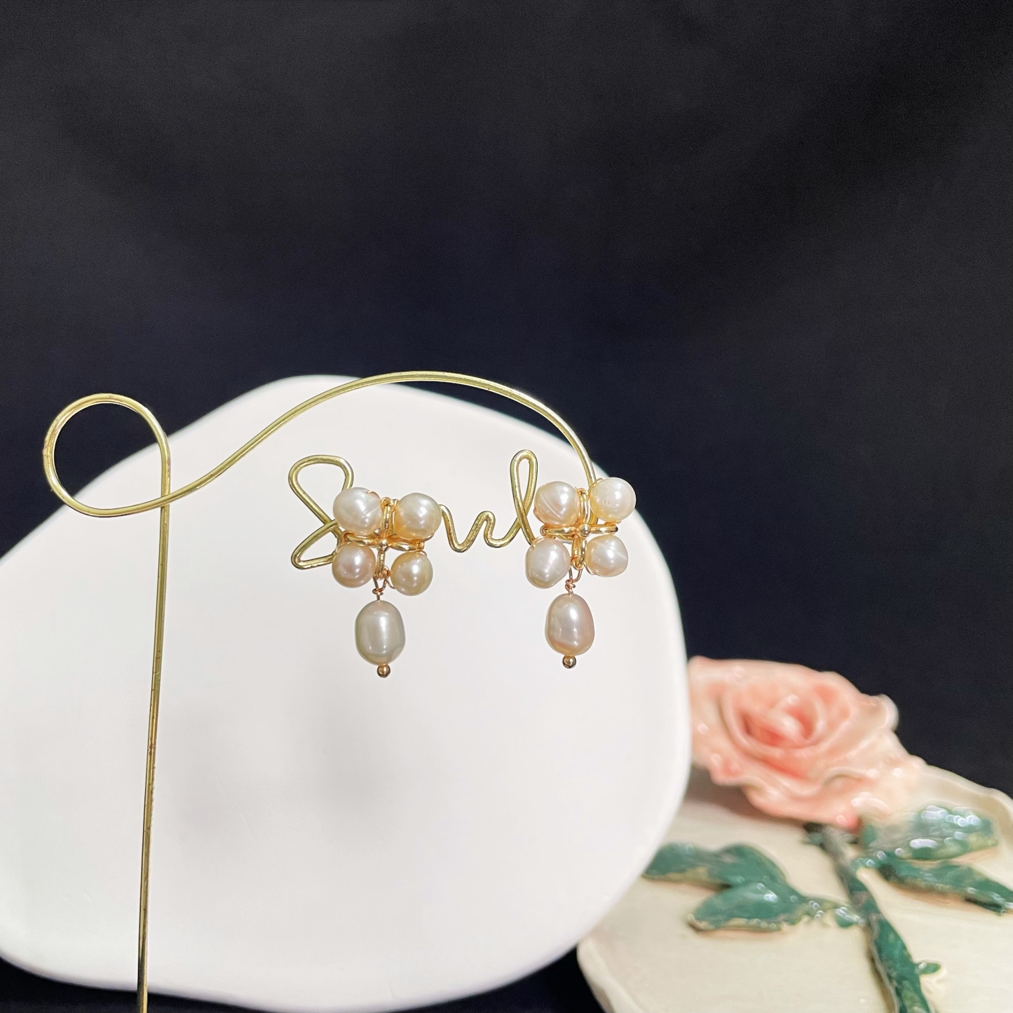 Four-Leaf Pearl Earring Studs with Water Drop Pearl Dangle 