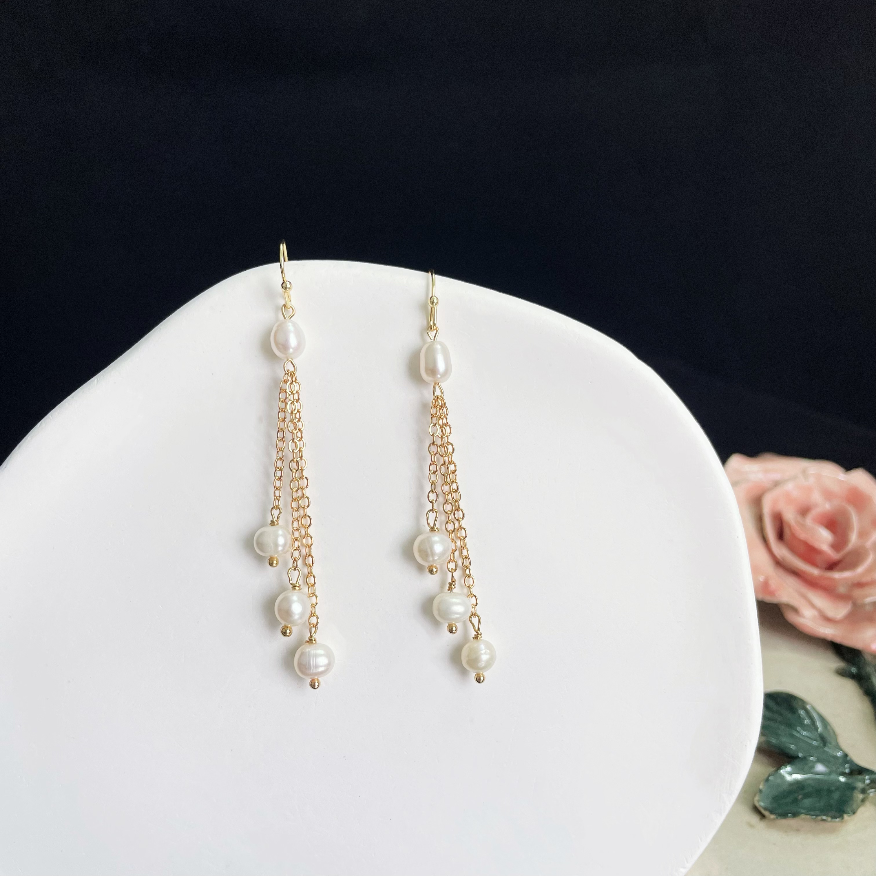 Triple Pearls Tassels Drop Earrings