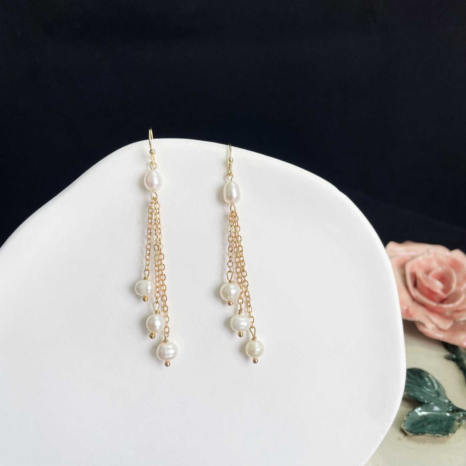 Triple Pearls Tassels Drop Earrings