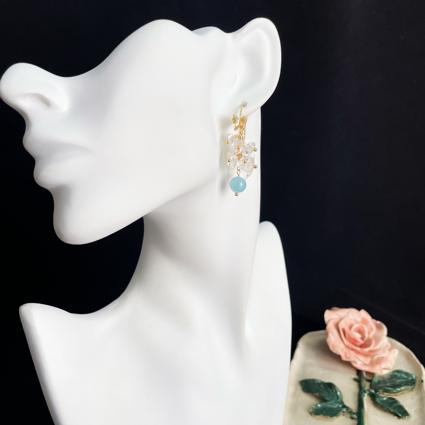 Gold Butterfly Earrings with Clear Quartz Grapes and Aquamarine Accent