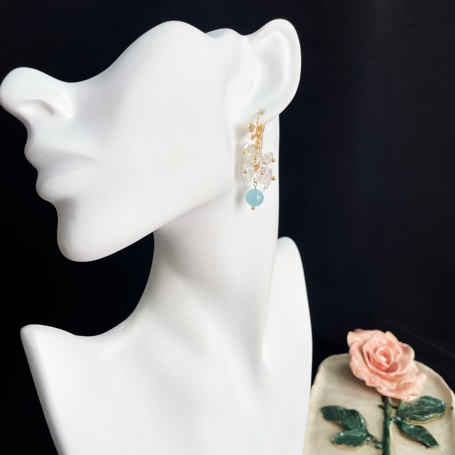 Gold Butterfly Earrings with Clear Quartz Grapes and Aquamarine Accent