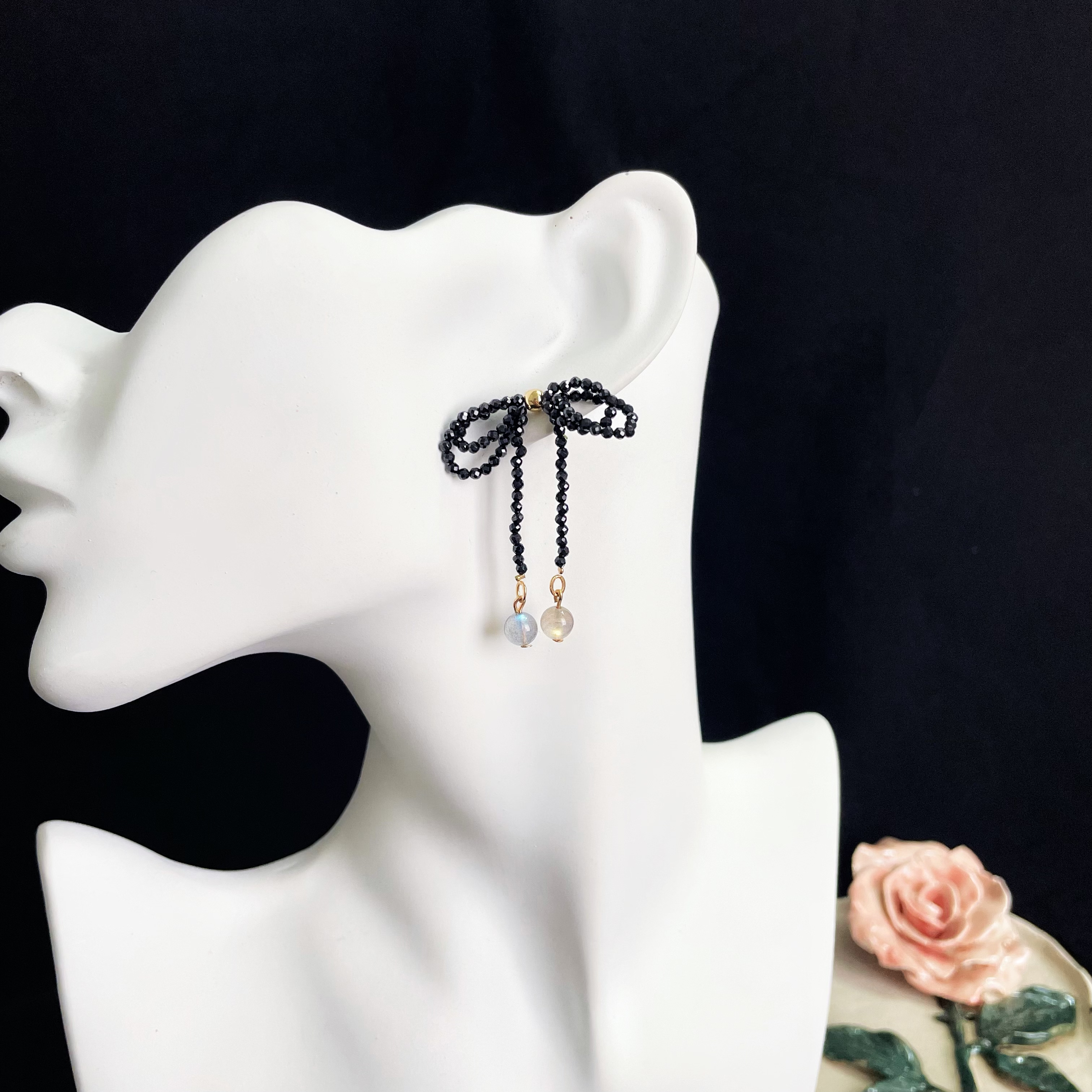 Black Spinel Bowknot Earrings with Labradorite Accent