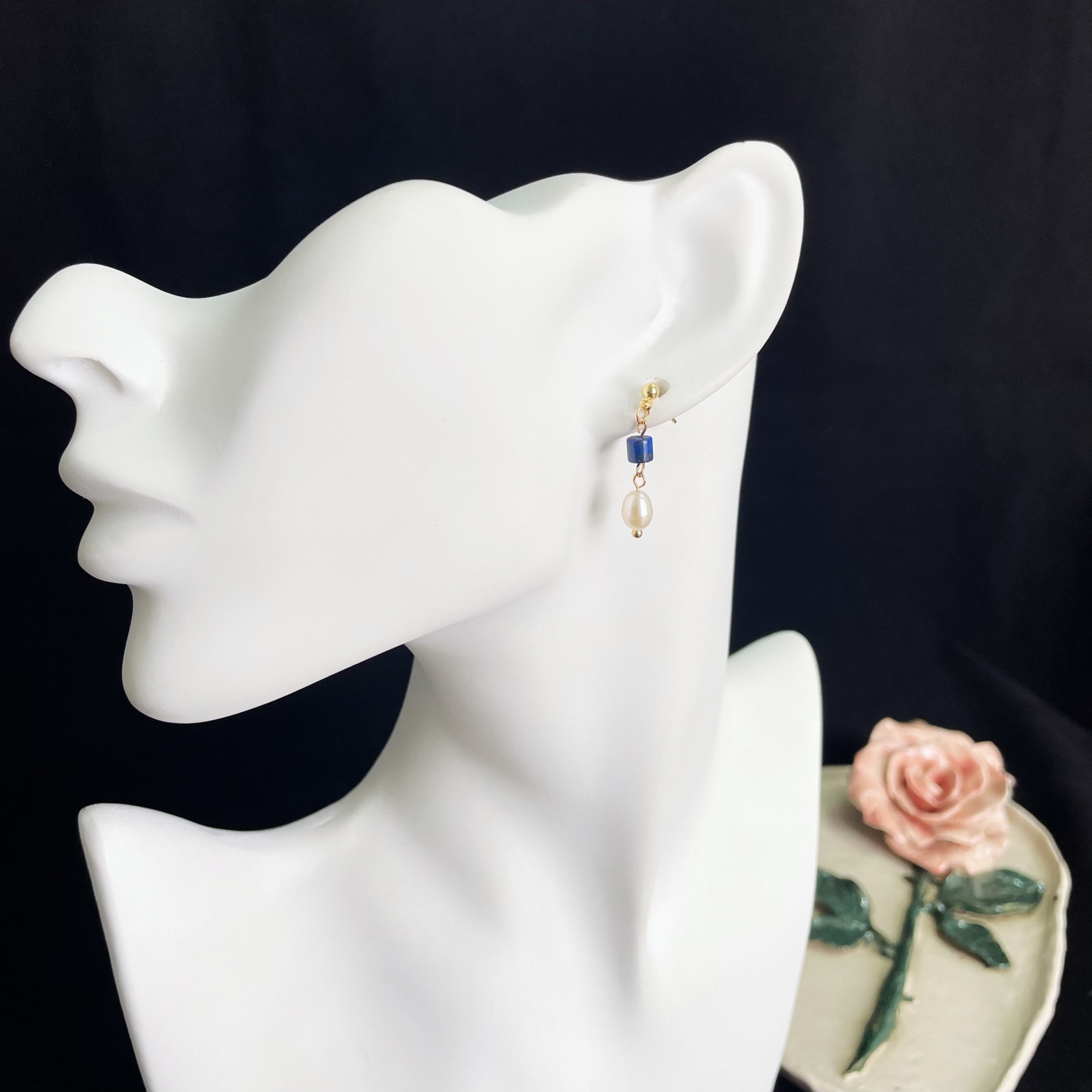 Minimalist Lapis Lazuli and Pearl Earrings