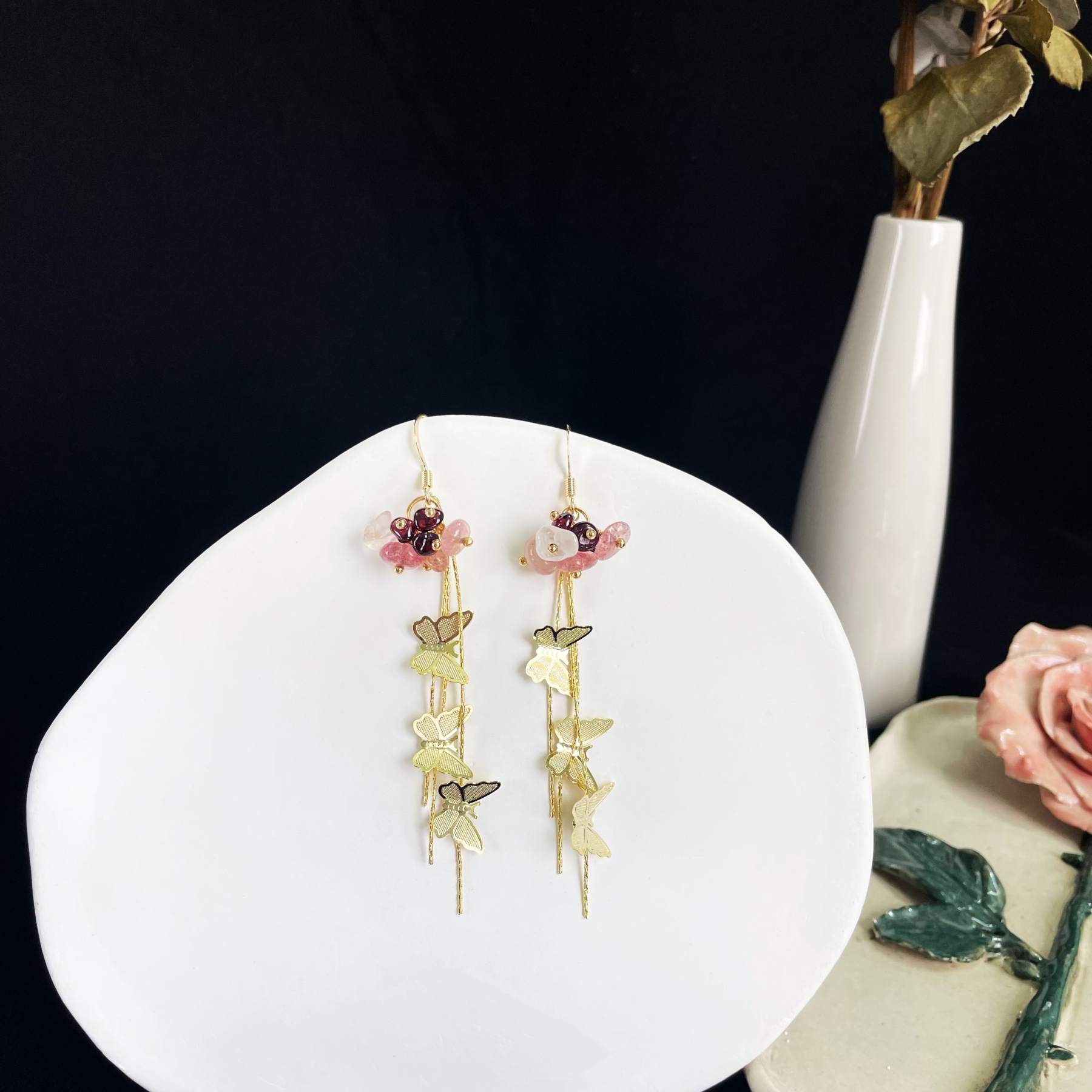 Enchanted Garden Earrings Pink Gemstone Flower with Gold Butterfly Tassels