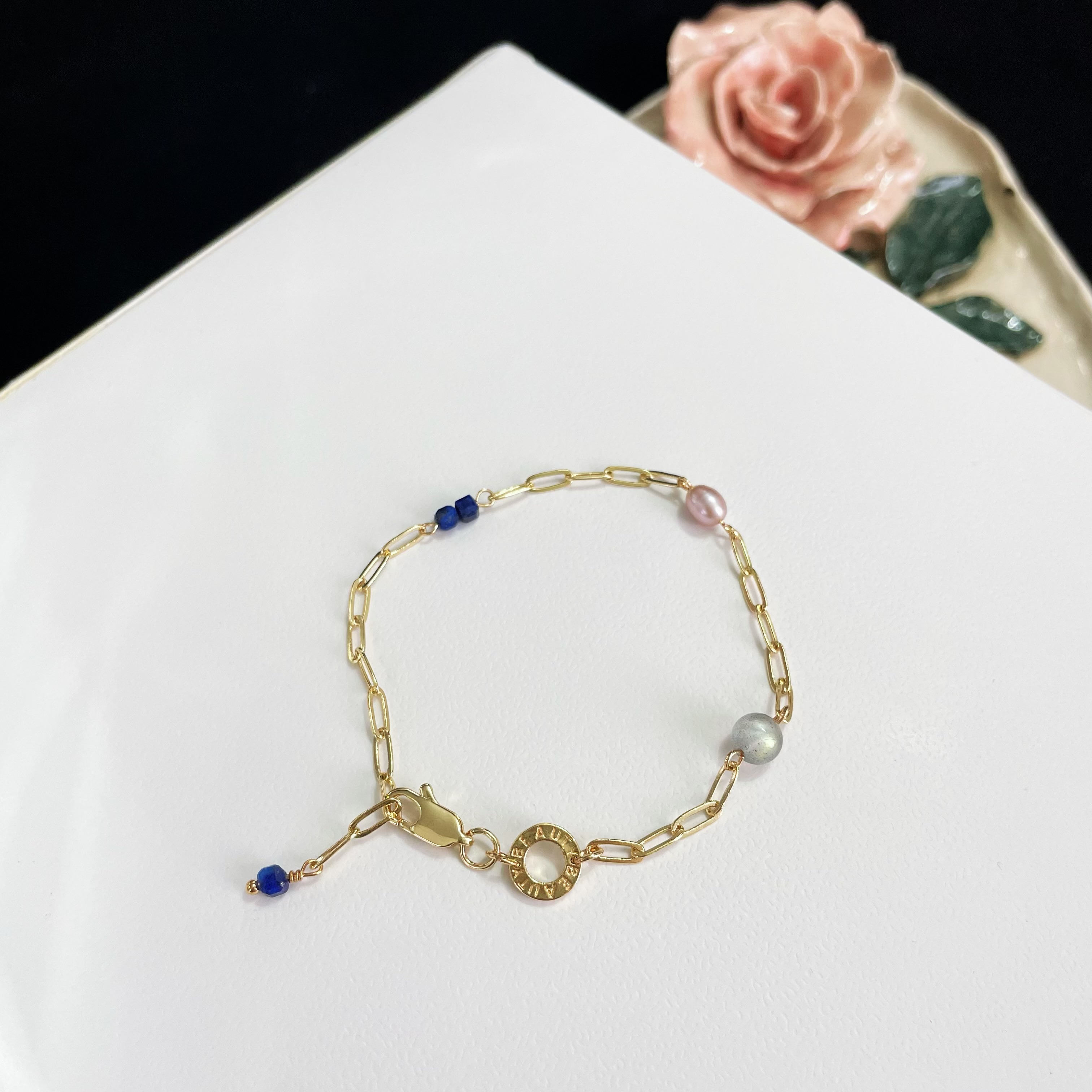 Labradorite, Lilac Purple Pearl, Lapis Lazuli, and 14k Gold-Plated Rectangle Chain Bracelet