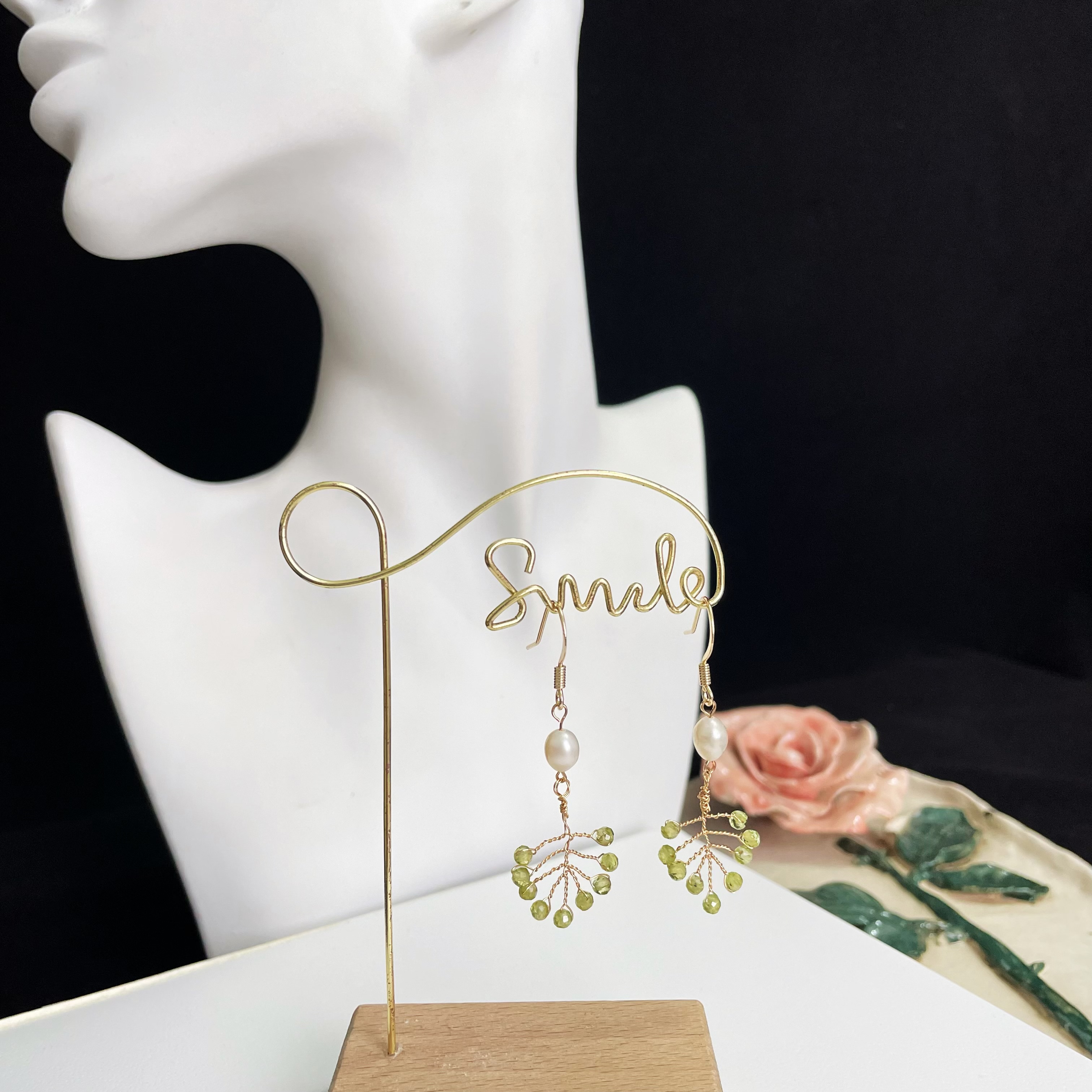 Peridot Leaf Drop Earrings Faceted Beads Wrapped in Gold Wire