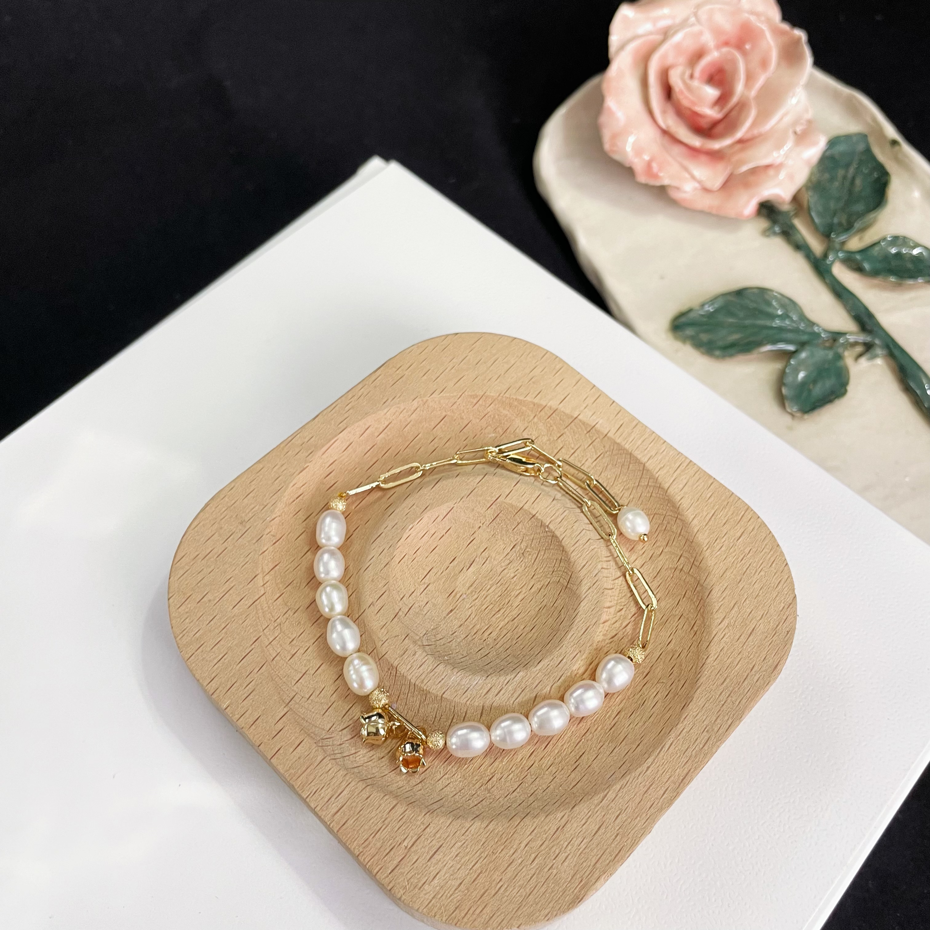 Pearls with Lily-of-the-Valley Paperclip Chain Bracelet