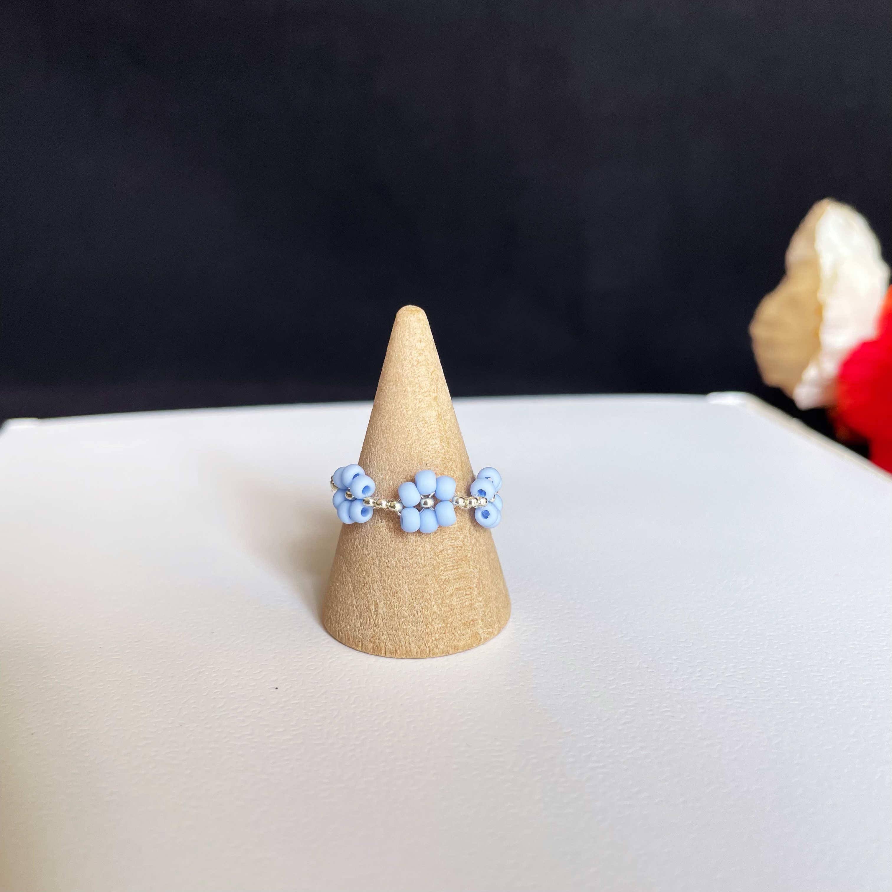 Creamy Blue Beaded Flower Ring