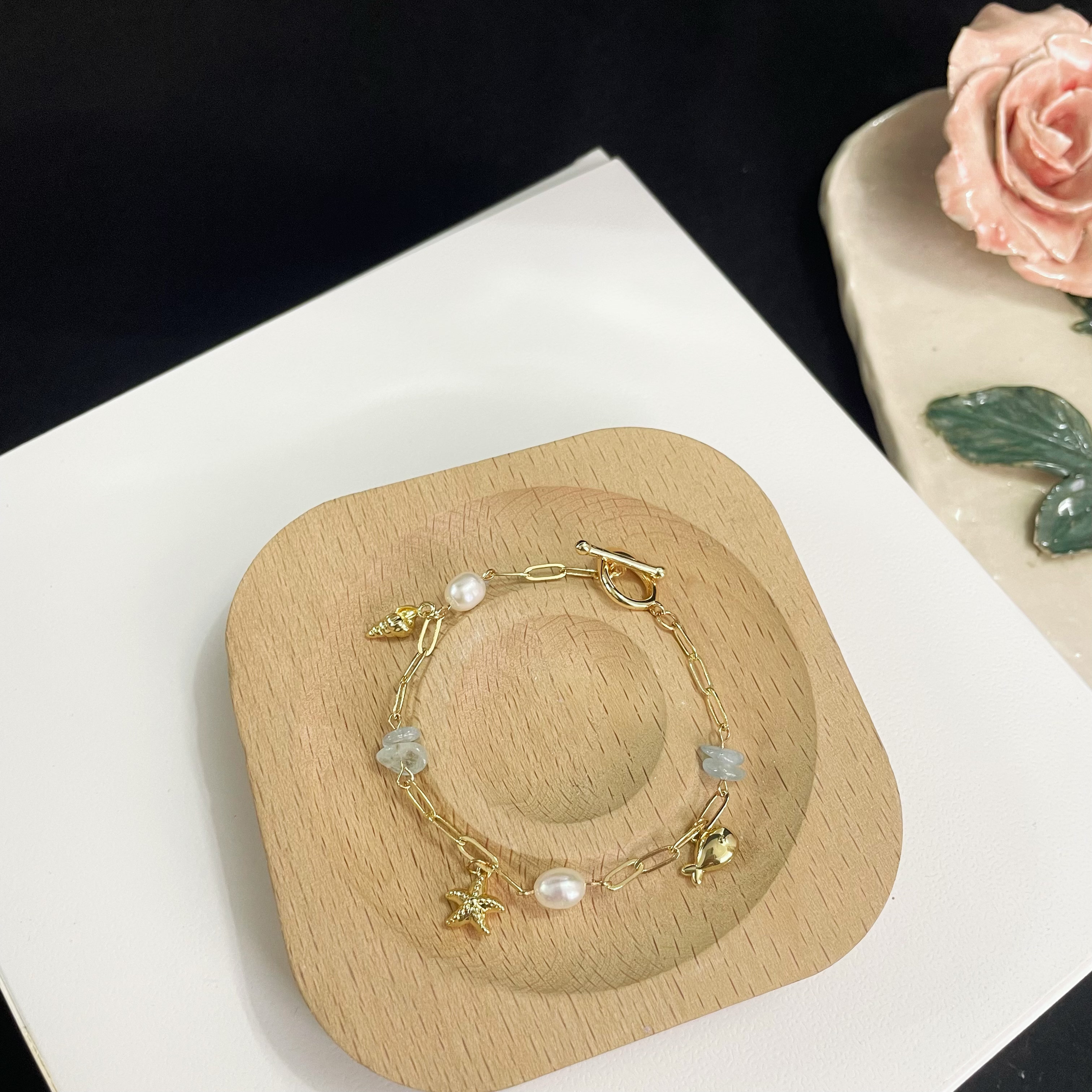 Marine Style Charm Bracelet with Paperclip Chain, Pearls, Aquamarine Beads, and Marine Organism Pendants