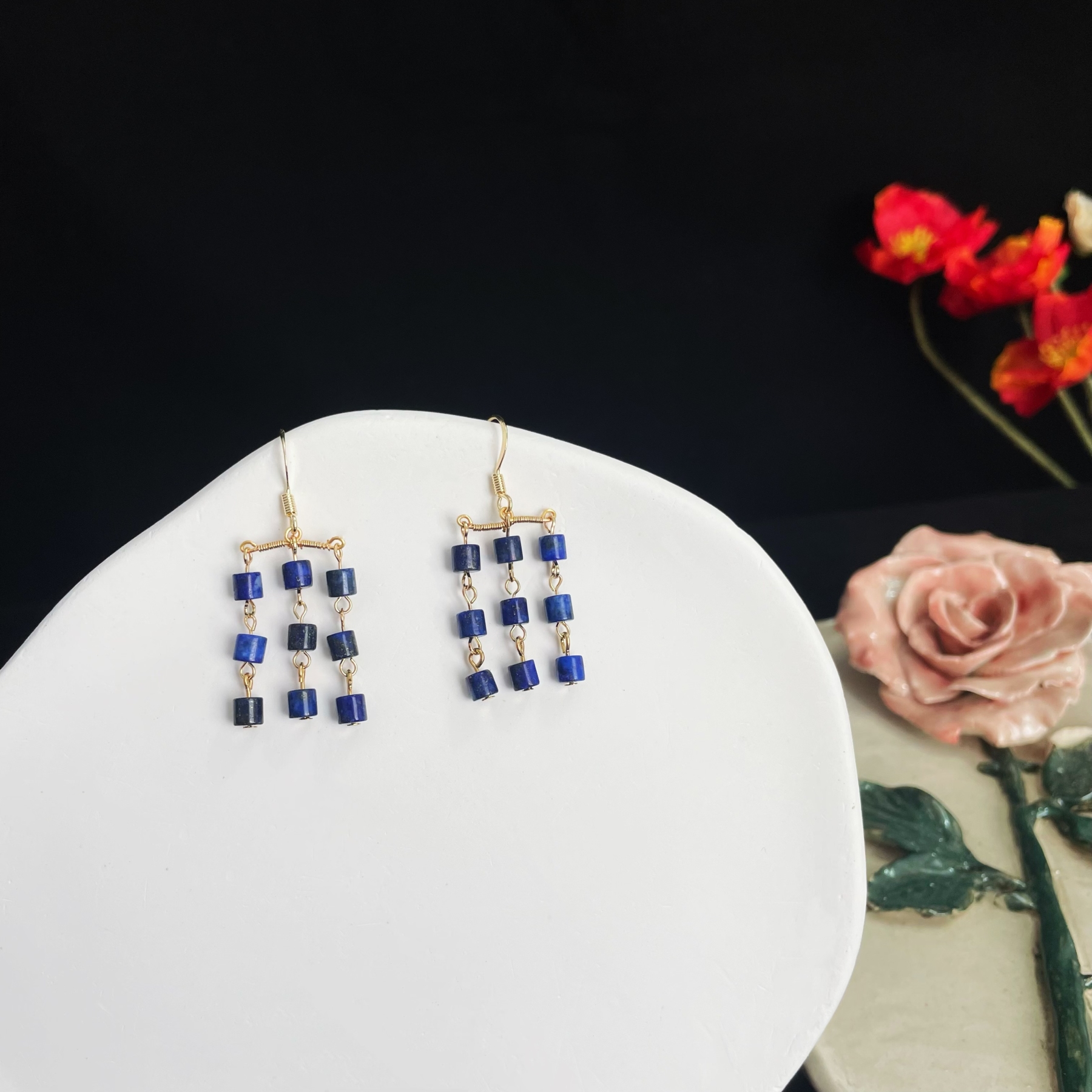  Triple Lapis Lazuli Tassel Earrings - Elegant Dark Blue Rain Design